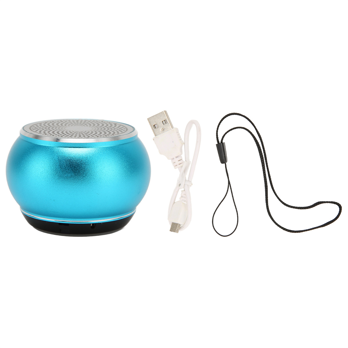 Kleiner blauer Lautsprecher mit USB-Kabel und schwarzem Umhängeband. Weißer Hintergrund.
