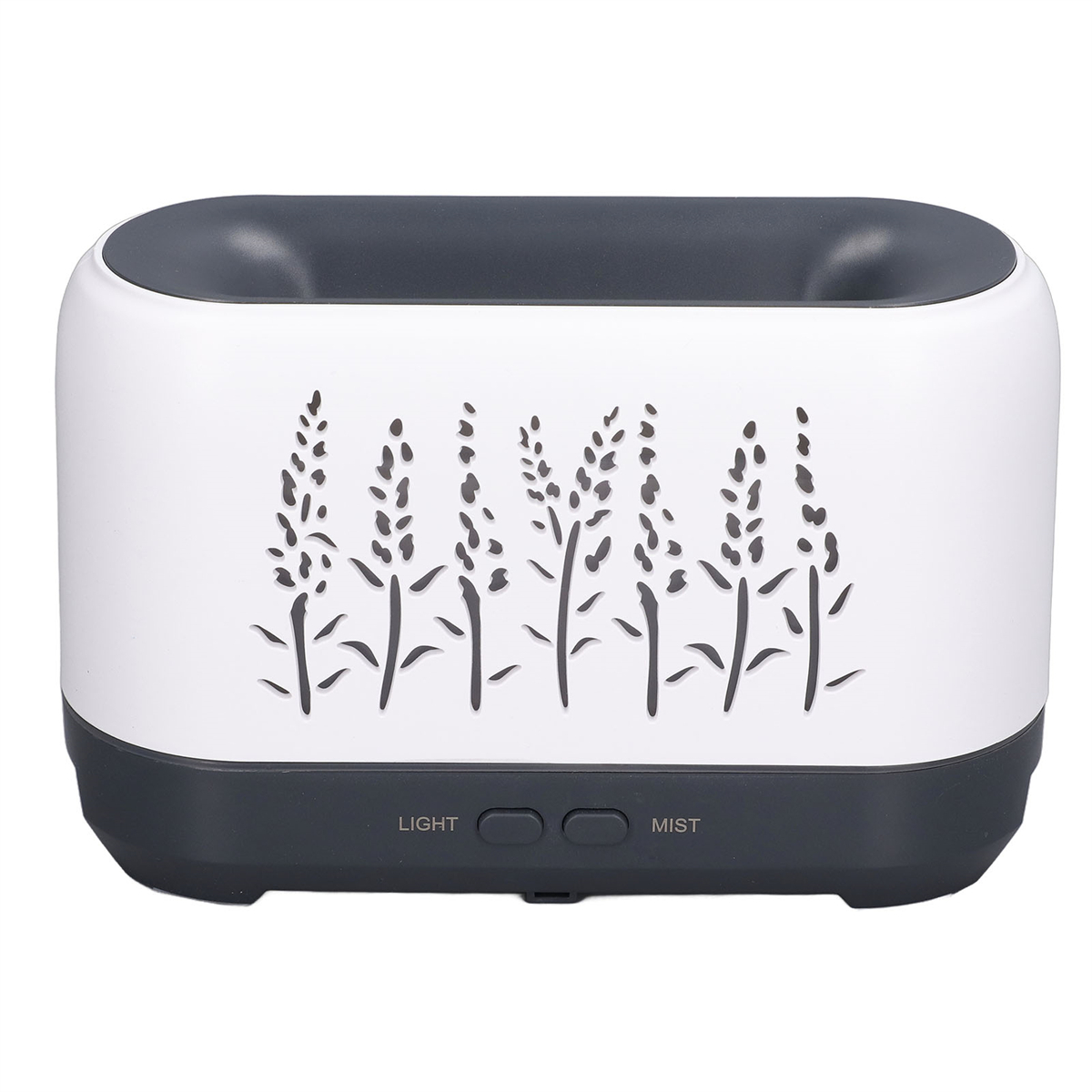 Ein weiß-grauer Aroma-Diffusor mit Blumendesign und Steuertasten.