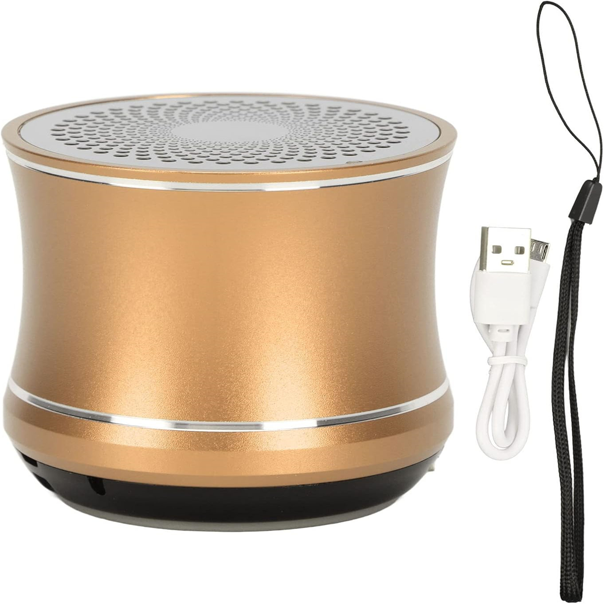 Goldfarbener tragbarer Lautsprecher mit weißem Kabel, USB und schwarzem Umhängeband.