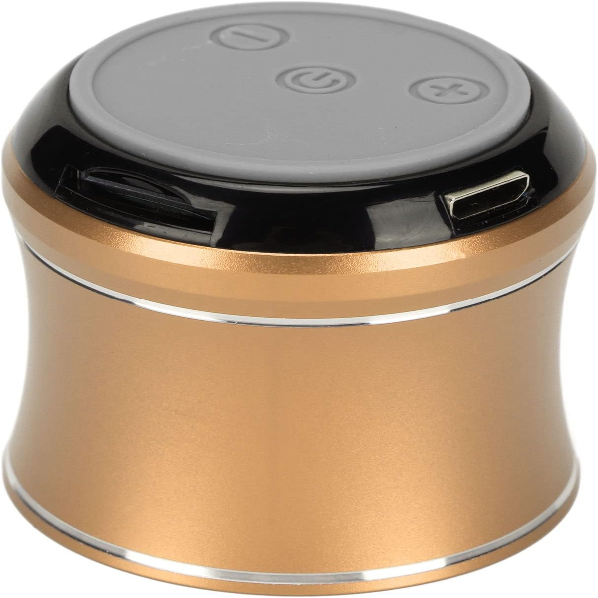 Ein kleiner, goldfarbener, zylindrischer Lautsprecher mit drei Knöpfen oben und einem USB-Anschluss. Isoliert auf Weiß.