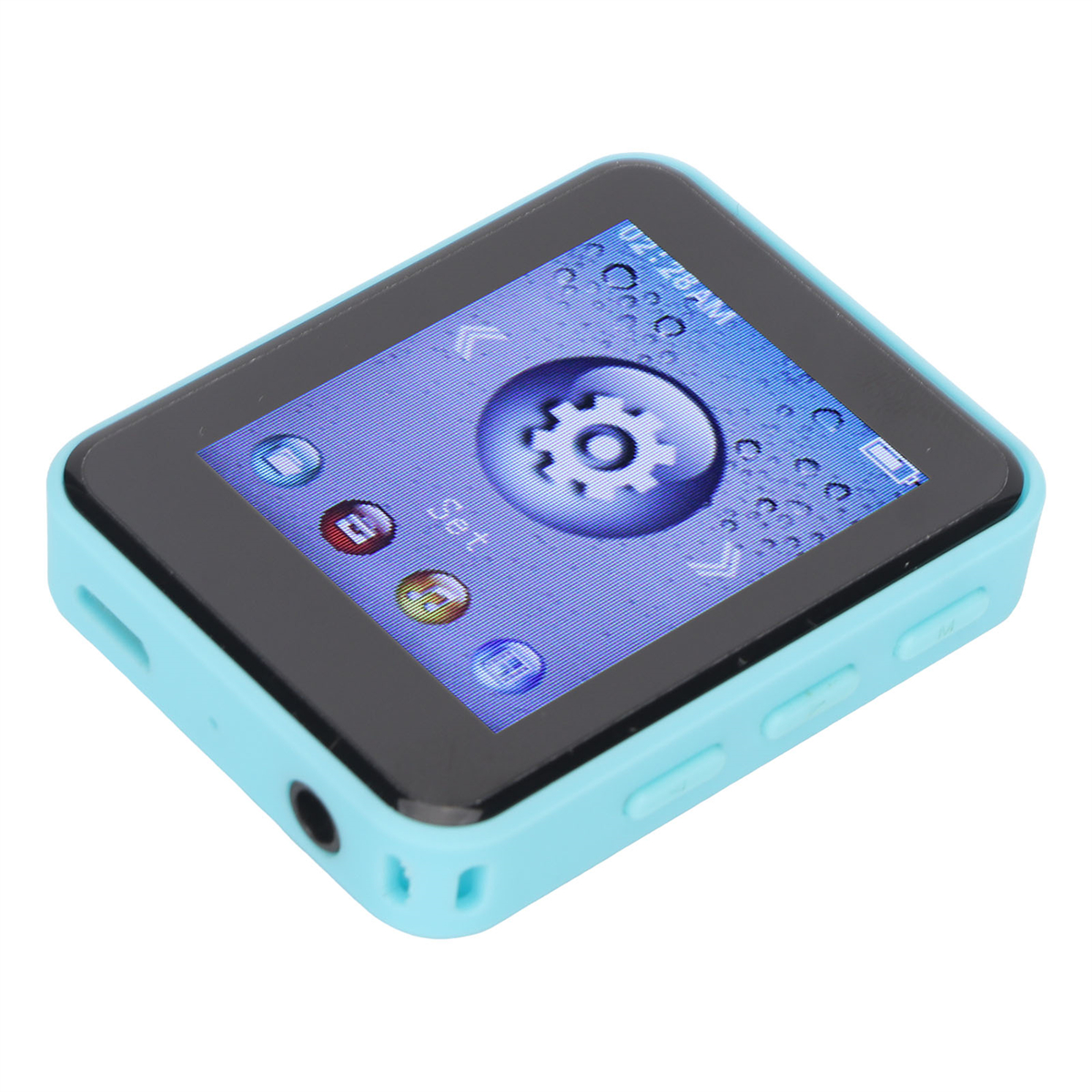 Ein kleiner, türkisfarbener MP3-Player mit Bildschirm und Knöpfen.