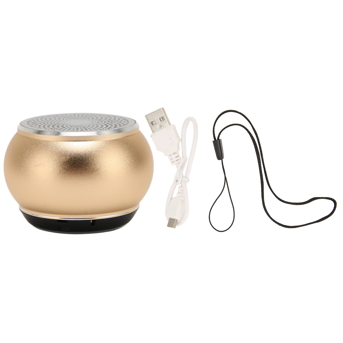 Goldener, runder Lautsprecher mit USB-Kabel und schwarzem Umhängeband.