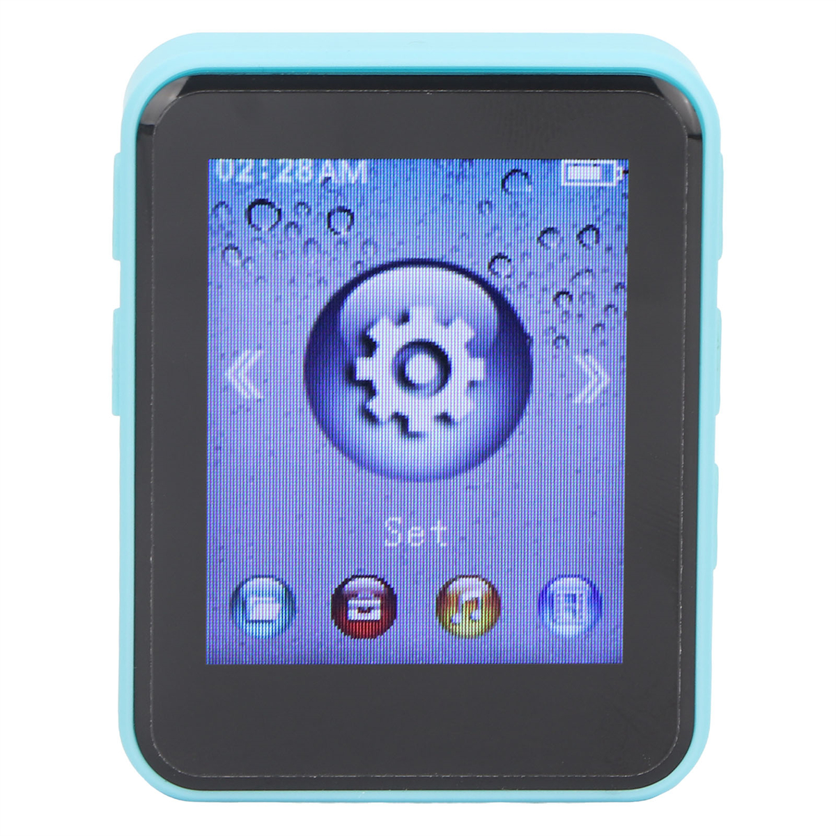 Ein kleiner, blauer digitaler Mediaplayer mit einem Bildschirm, der ein Zahnradsymbol anzeigt.