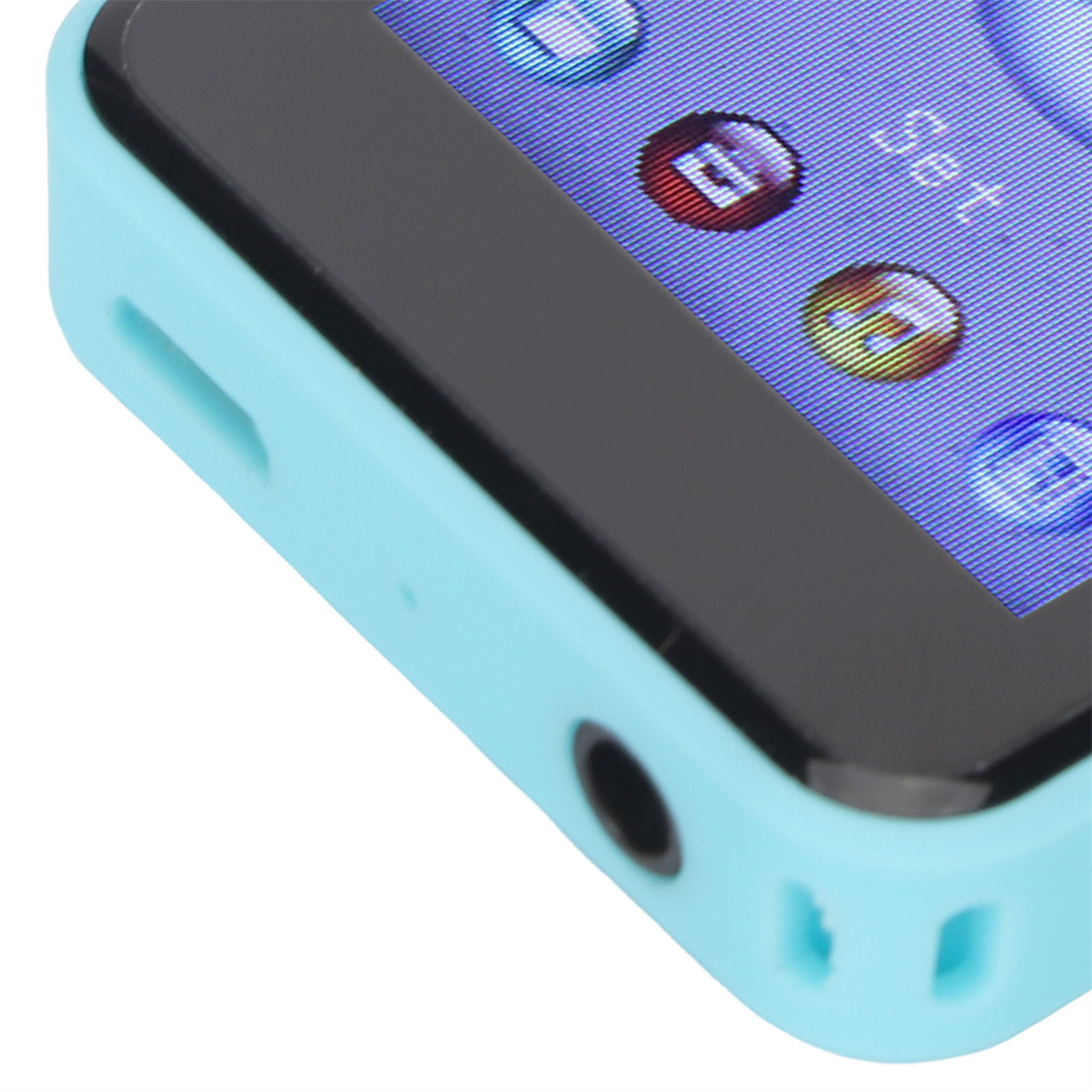 Nahaufnahme eines blauen MP3-Players mit schwarzem Bildschirm. Der Bildschirm zeigt Anwendungssymbole.