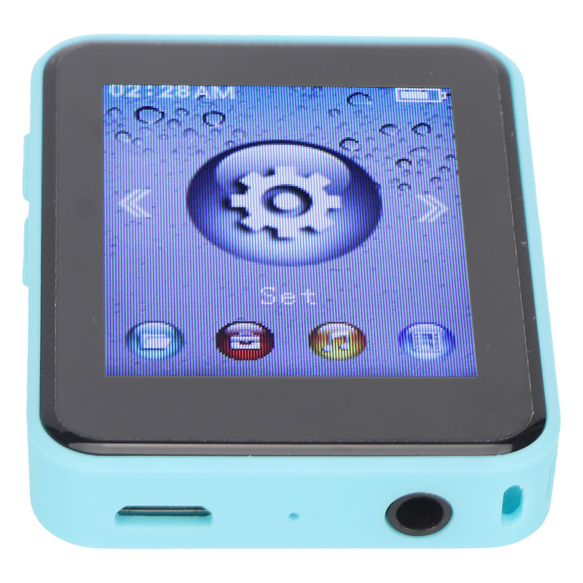 Ein blauer MP3-Player mit einem Bildschirm, der ein Zahnradsymbol und einige Knöpfe anzeigt.