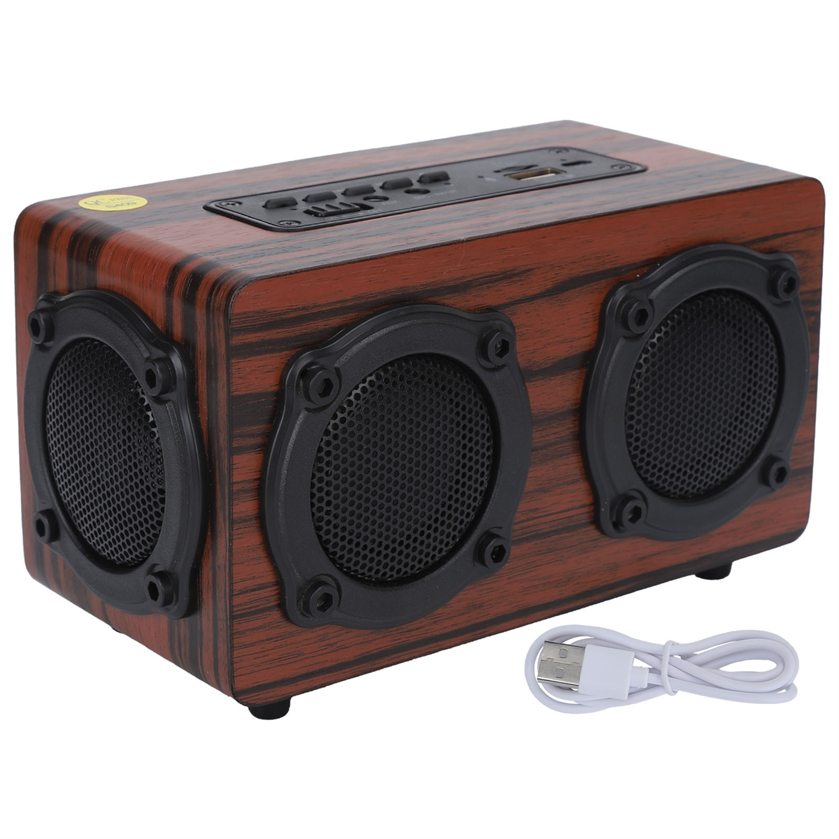Holzlautsprecher mit zwei schwarzen Lautsprechern. Rechts ein weißes USB-Kabel.