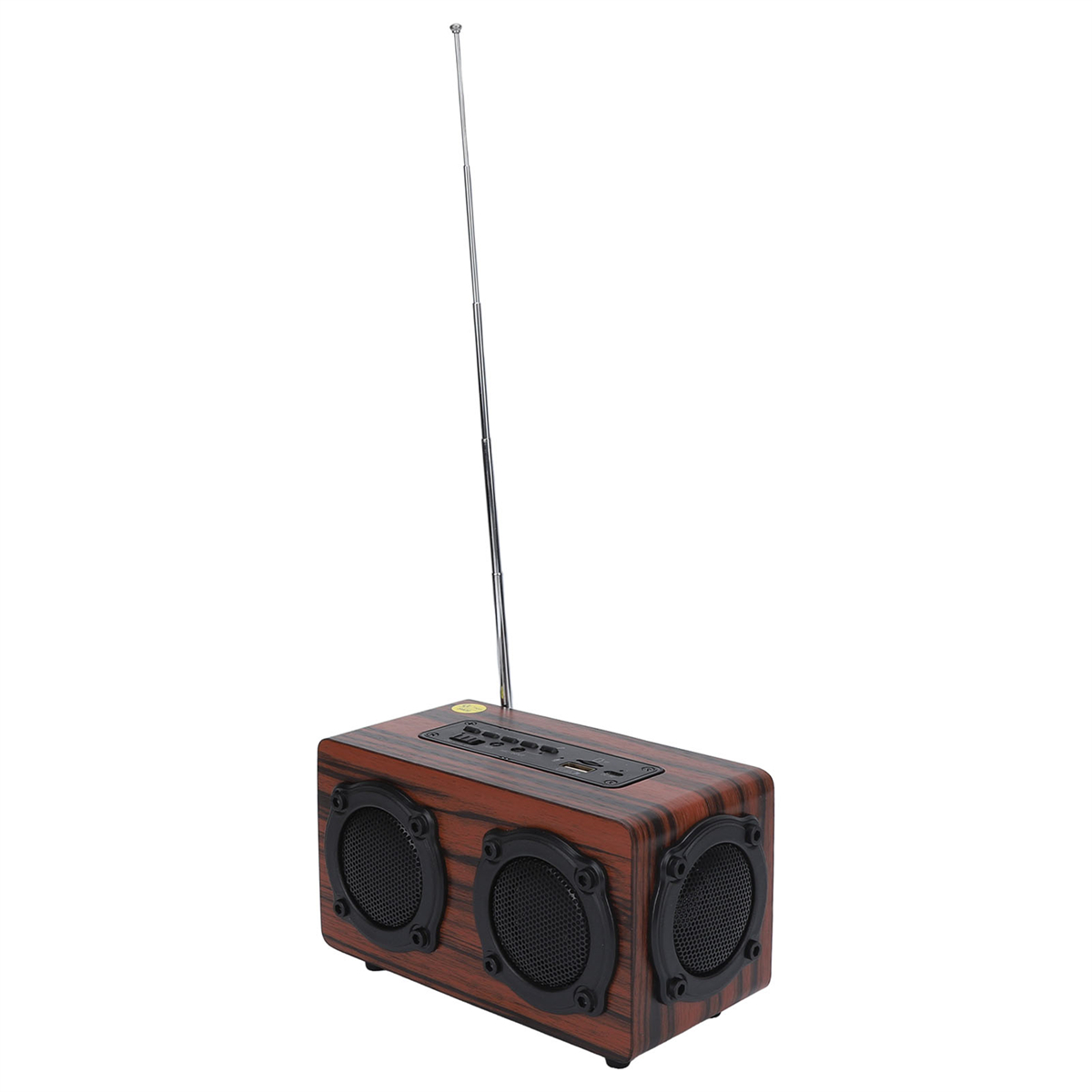 Ein Lautsprecher im Holzlook mit drei Lautsprechern und einer Antenne. Es steht auf weißem Hintergrund.