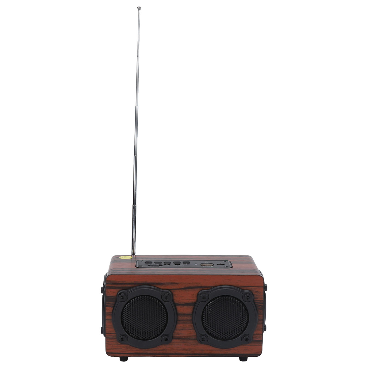Holzradio mit zwei Lautsprechern und einer ausziehbaren Antenne. Das Design ist Vintage.