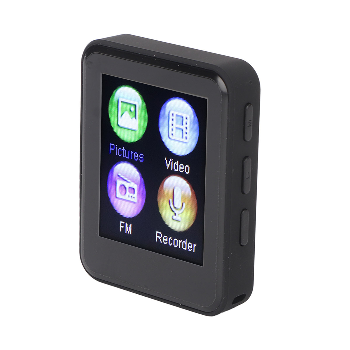 Schwarzer MP3-Player mit Bildschirm. Bilder, Video, FM und Recorder Symbole werden angezeigt.