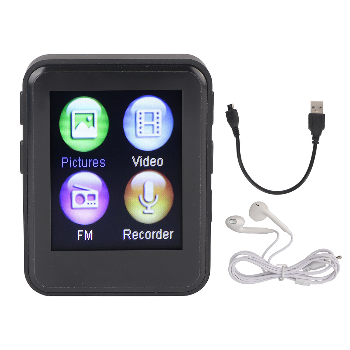Schwarzer MP3-Player mit einem Bildschirm, der Symbole anzeigt. Zwei Kabel und weiße Ohrhörer sind ebenfalls sichtbar.