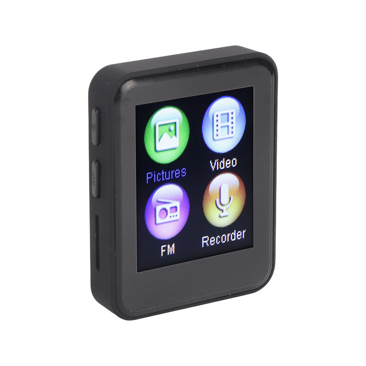 Schwarzer Mediaplayer mit Bildschirm, der Symbole für Bilder, Video, FM und Recorder zeigt.