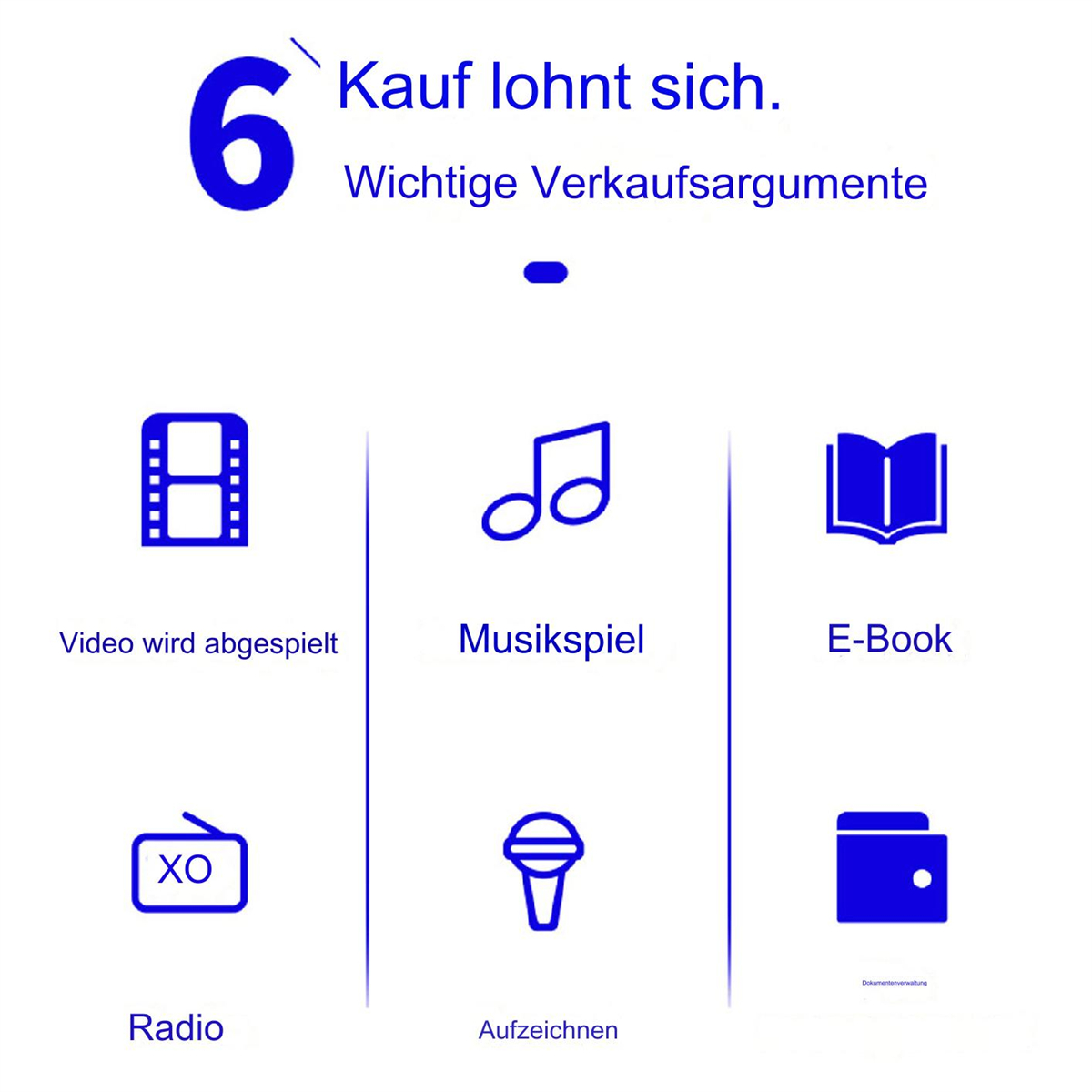 Sechs Symbole für Video, Musik, E-Book, Radio, Aufnahme und Geldbörse.