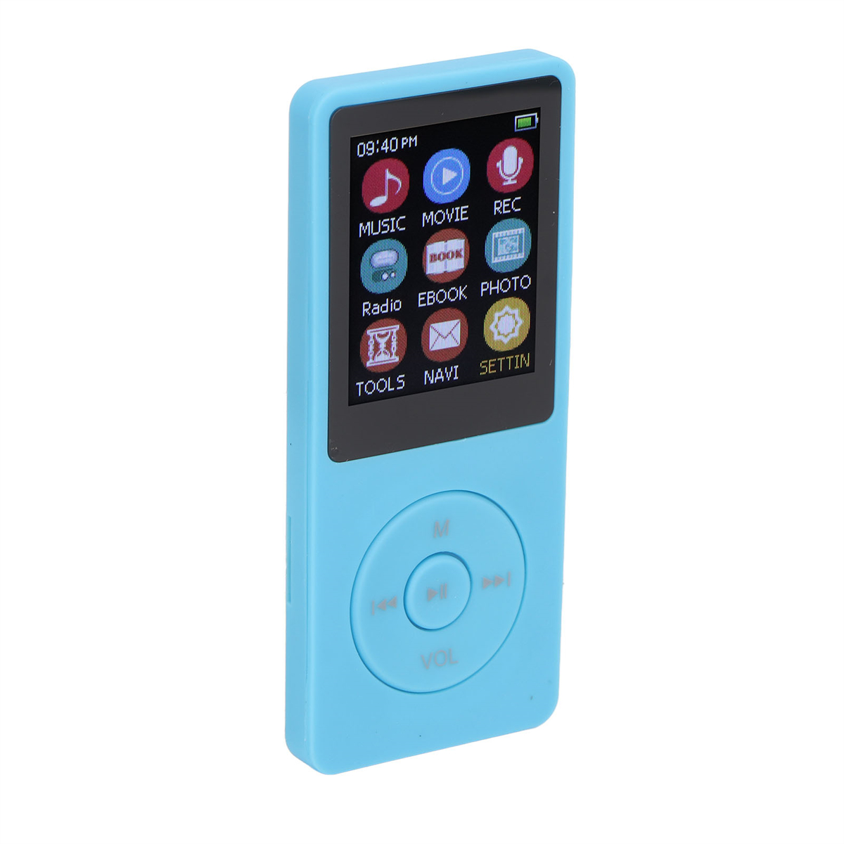 Ein blauer MP3-Player mit einem Bildschirm, der Symbole zeigt, und einer zentralen Steuertaste.