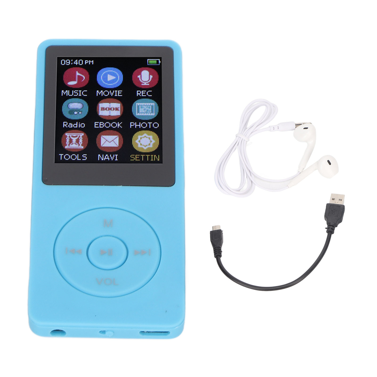 Blauer MP3-Player mit Knöpfen und Bildschirm. Weiße Ohrhörer und ein USB-Kabel liegen daneben.