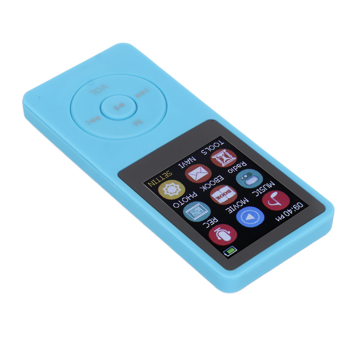 Blauer MP3-Player mit Knöpfen und Bildschirm. Bildschirm zeigt Symbole: Radio, E-Book, Foto, Film, Musik, Einstellungen.