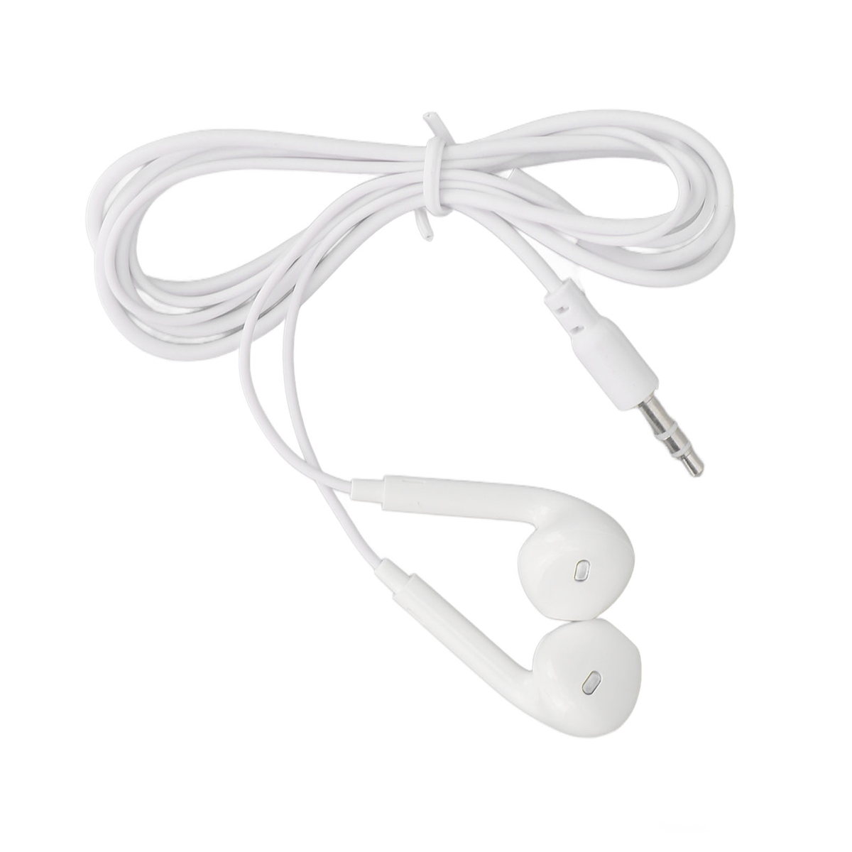 Weiße Ohrhörer mit weißem Kabel und 3,5-mm-Audioanschluss. Das Kabel ist aufgerollt.
