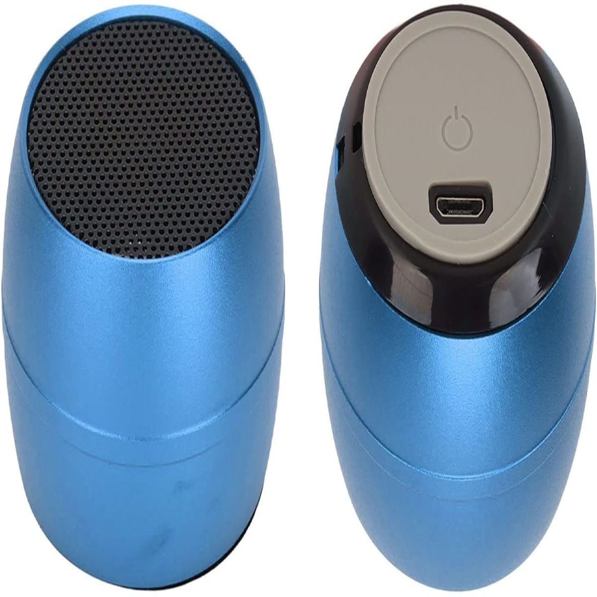 Blauer, oval geformter Lautsprecher. Eine Seite hat ein Lautsprechergitter, die andere einen Ein-Aus-Schalter.