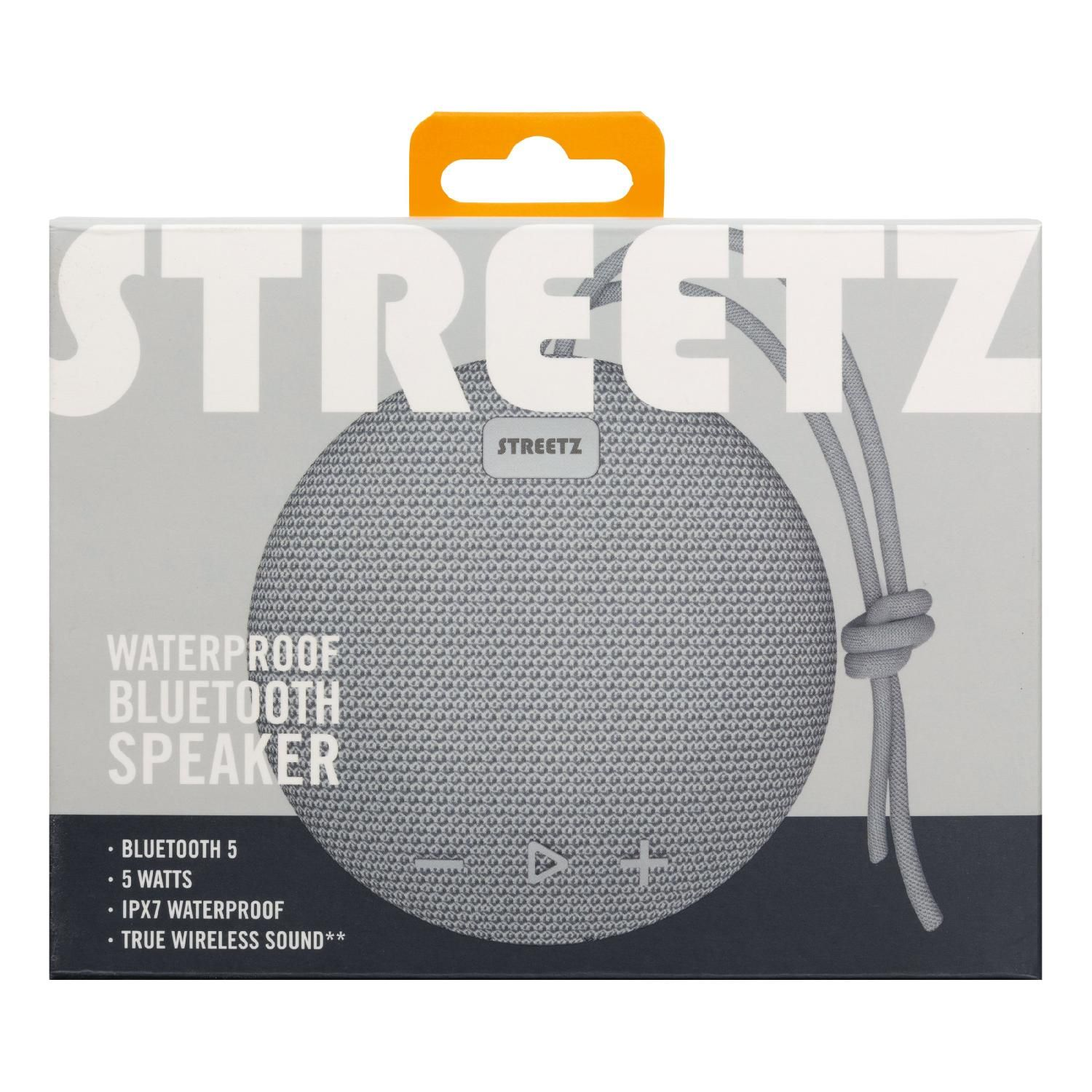 Altoparlante Bluetooth impermeabile in scatola, con marchio e caratteristiche: Bluetooth 5, 5 Watt, IPX7, True Wireless.
