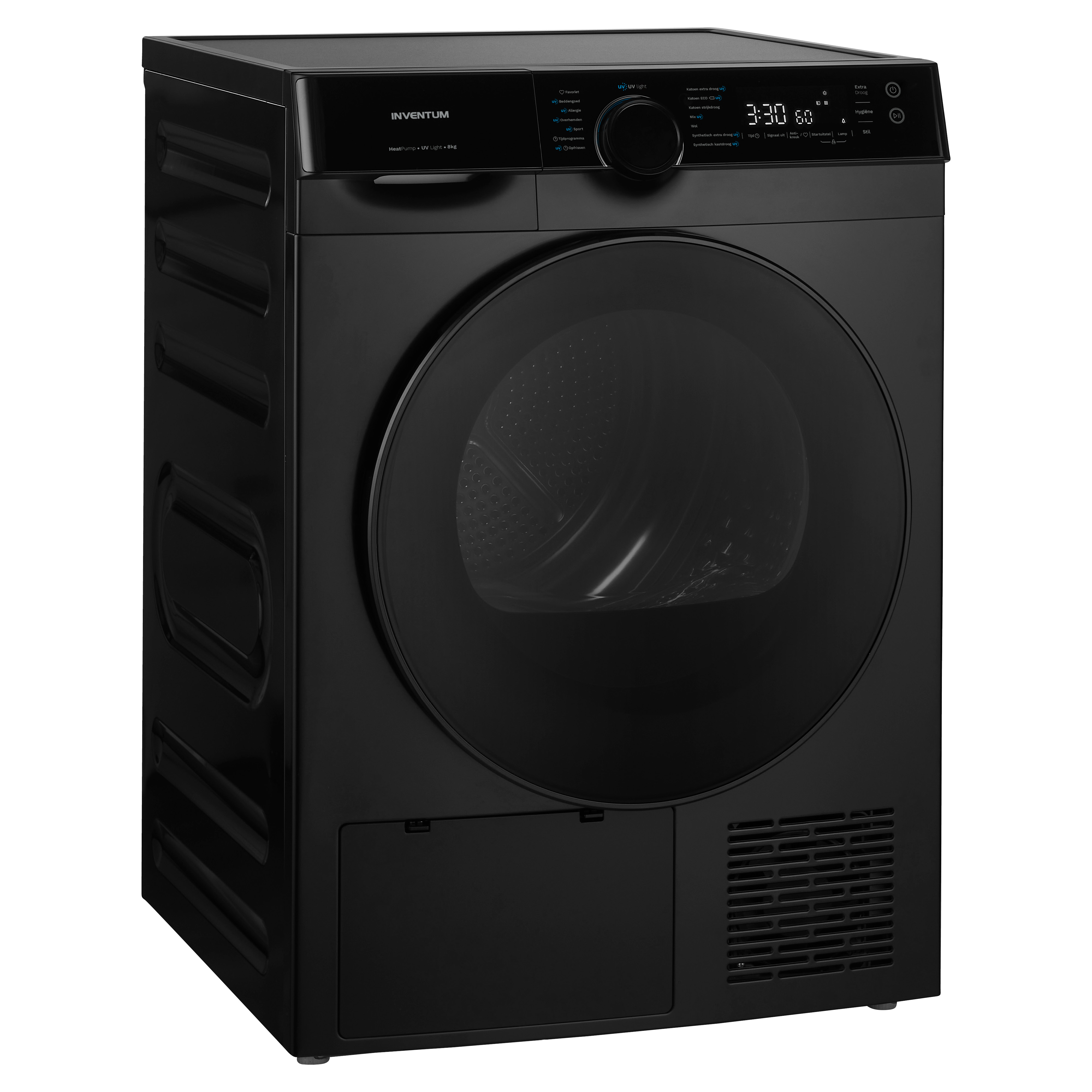 Black dryer with a display showing time. Front view, slightly angled, on white background.