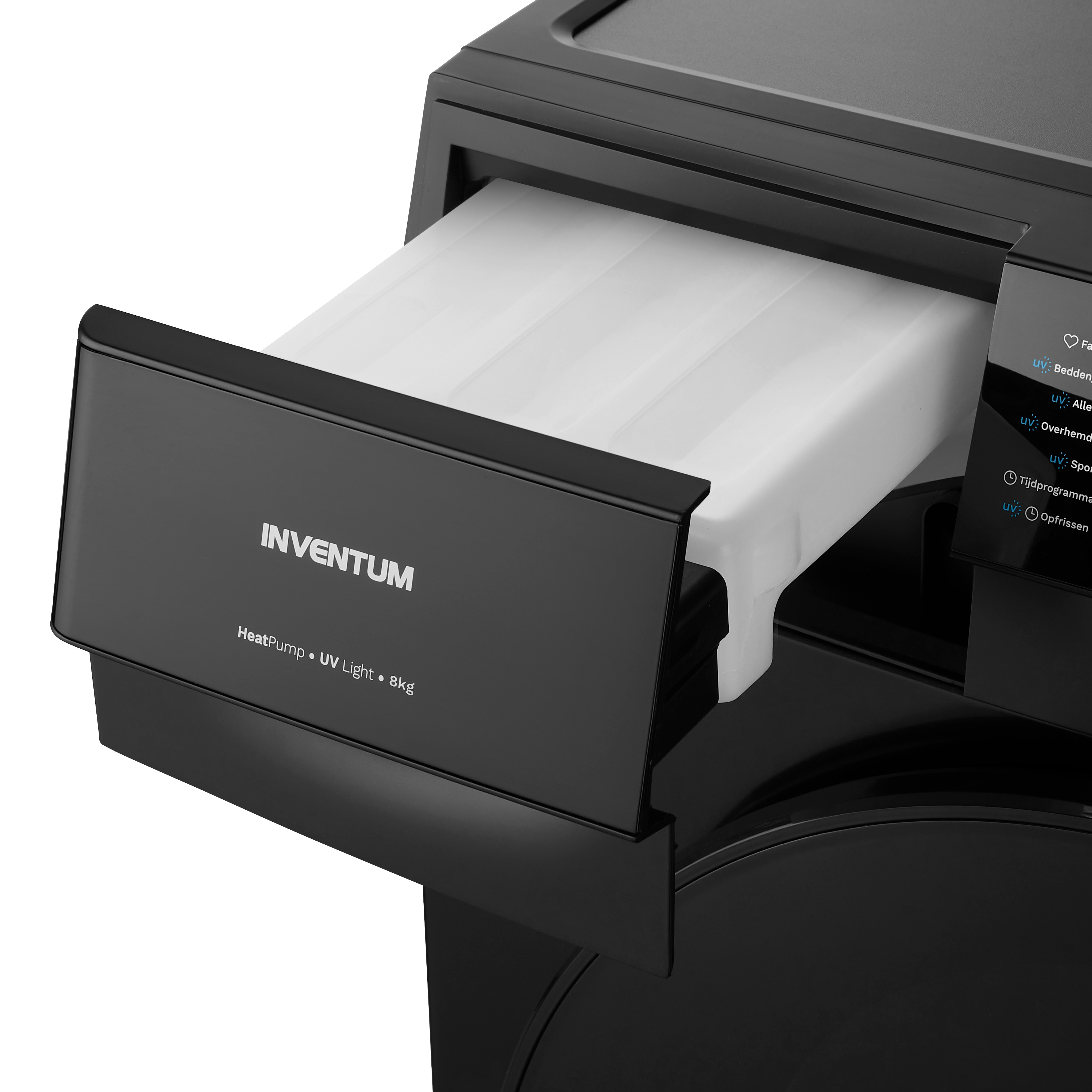 Black dryer with a drawer open, showing a white container. The machine is black.