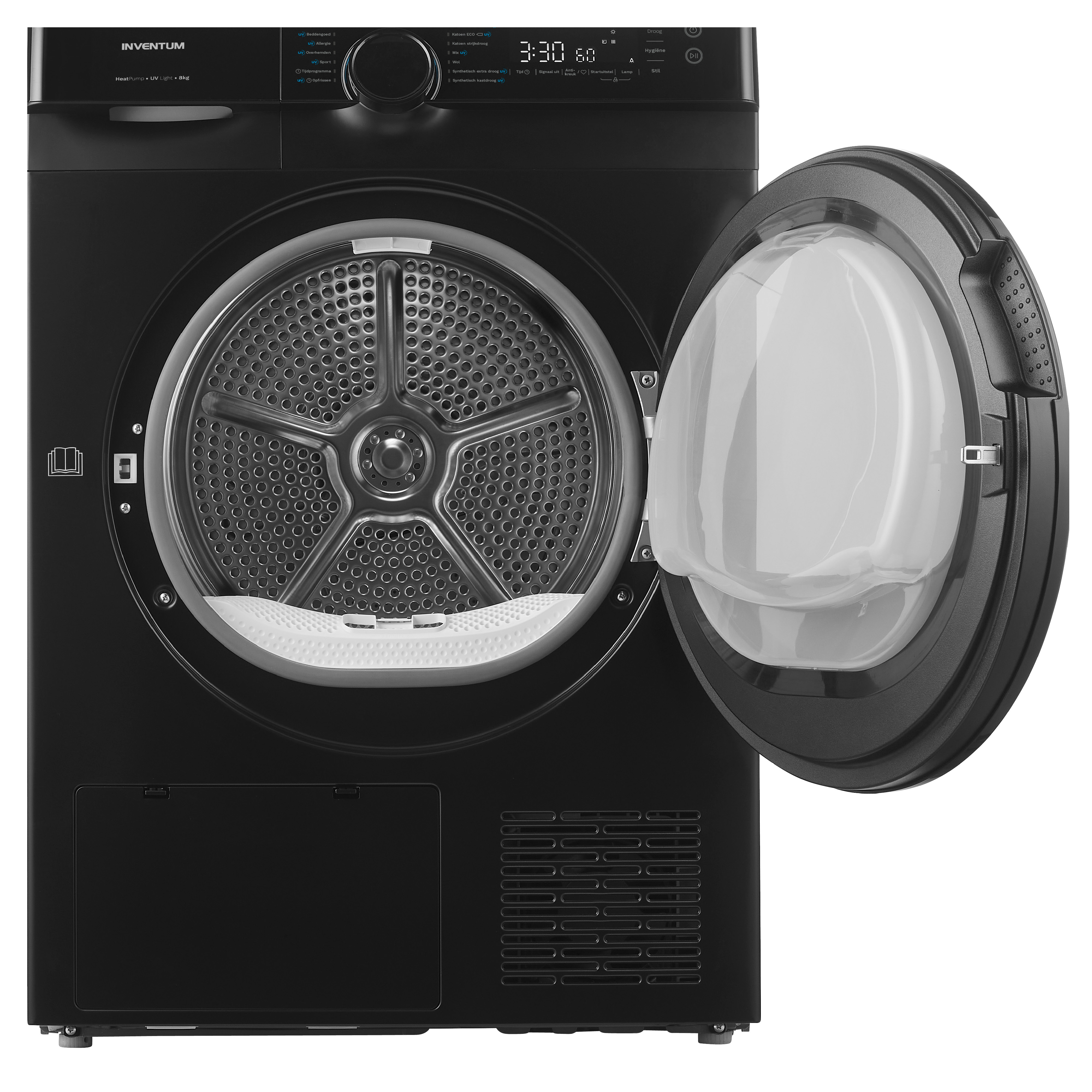 Black dryer with open door. The interior shows a perforated drum. Display shows time and settings.