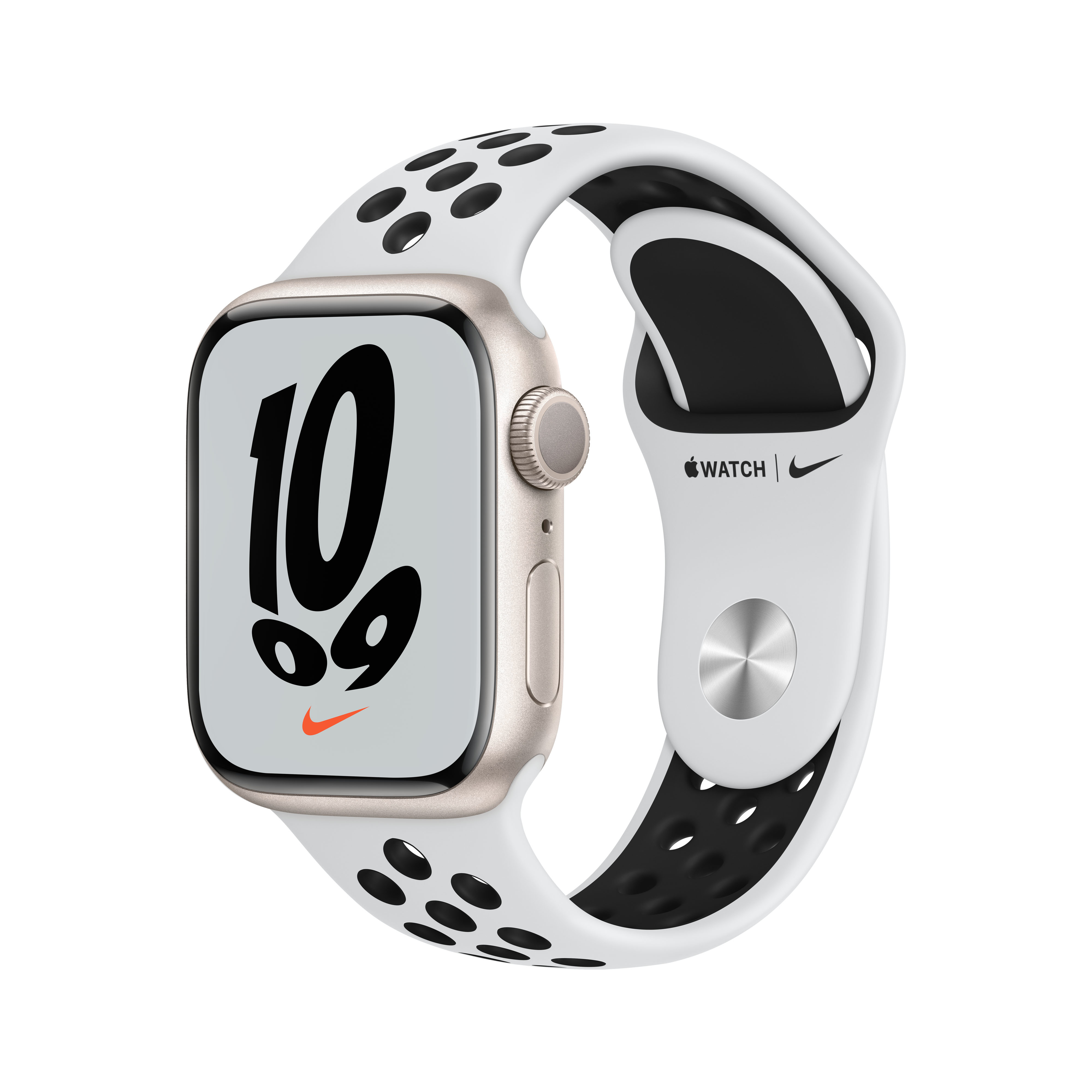 Apple Watch mit weißem Armband mit schwarzen Punkten, zeigt das Zifferblatt.