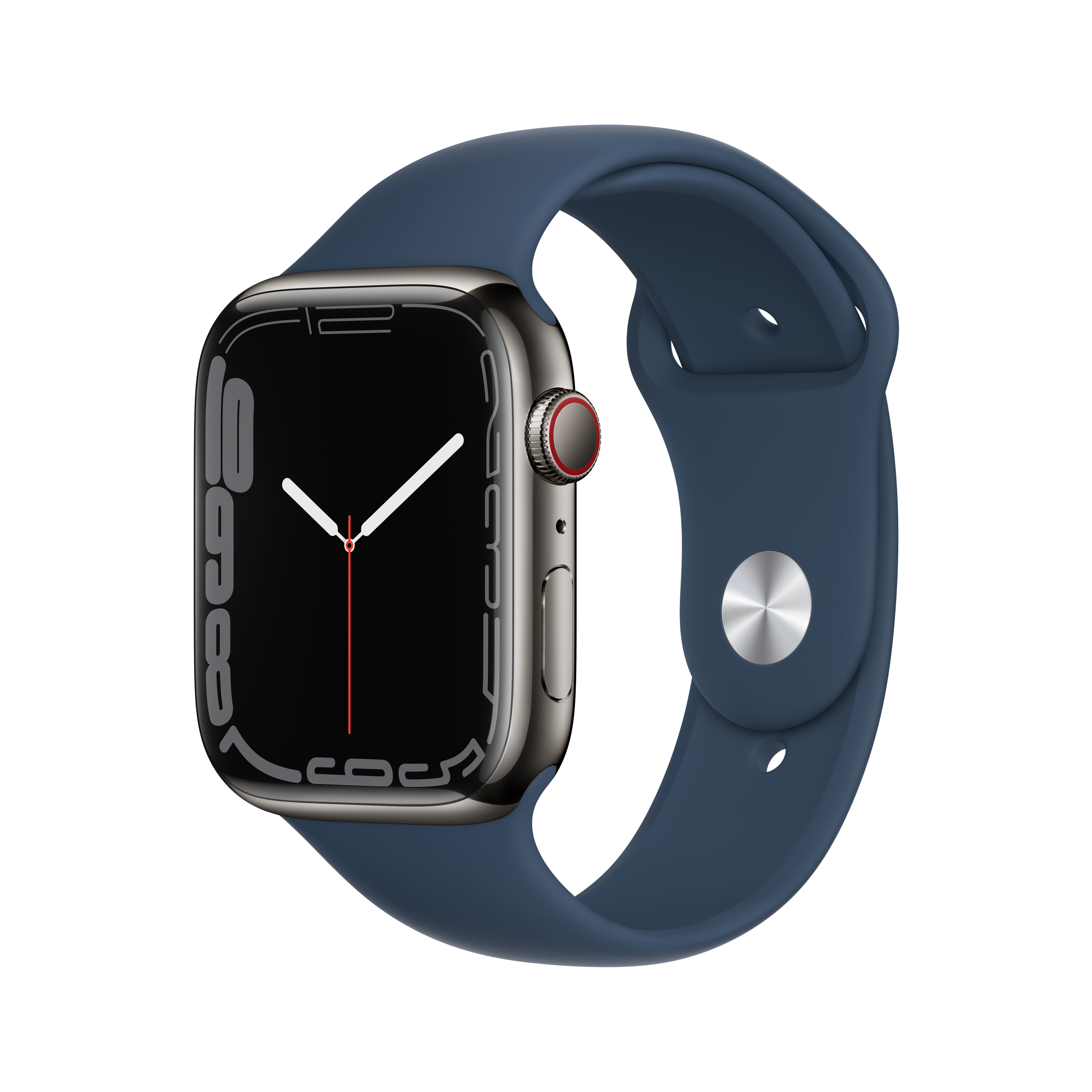 Edelstahl Apple Watch mit marineblauem Armband. Das Zifferblatt zeigt die Uhrzeit mit weißen Zeigern und Zahlen.