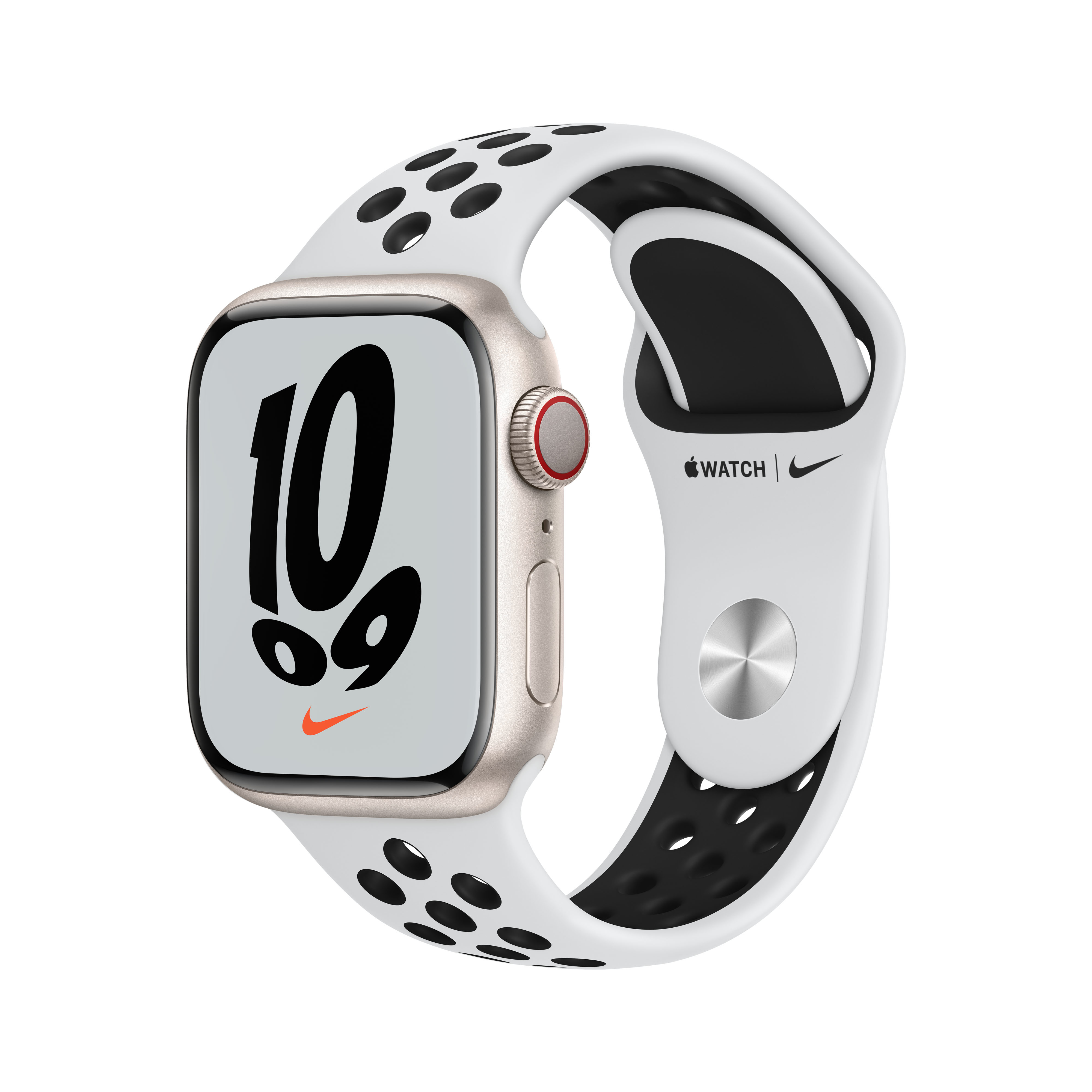 APPLE S7NIKE GPS+CEL 41 STARLIGHT ALU BLK SPO Smartwatch Aluminium Fluorelastomer, 130 - 200 mm, Armband: Pure Platinum/Schwarz, Gehäuse: Polarstern