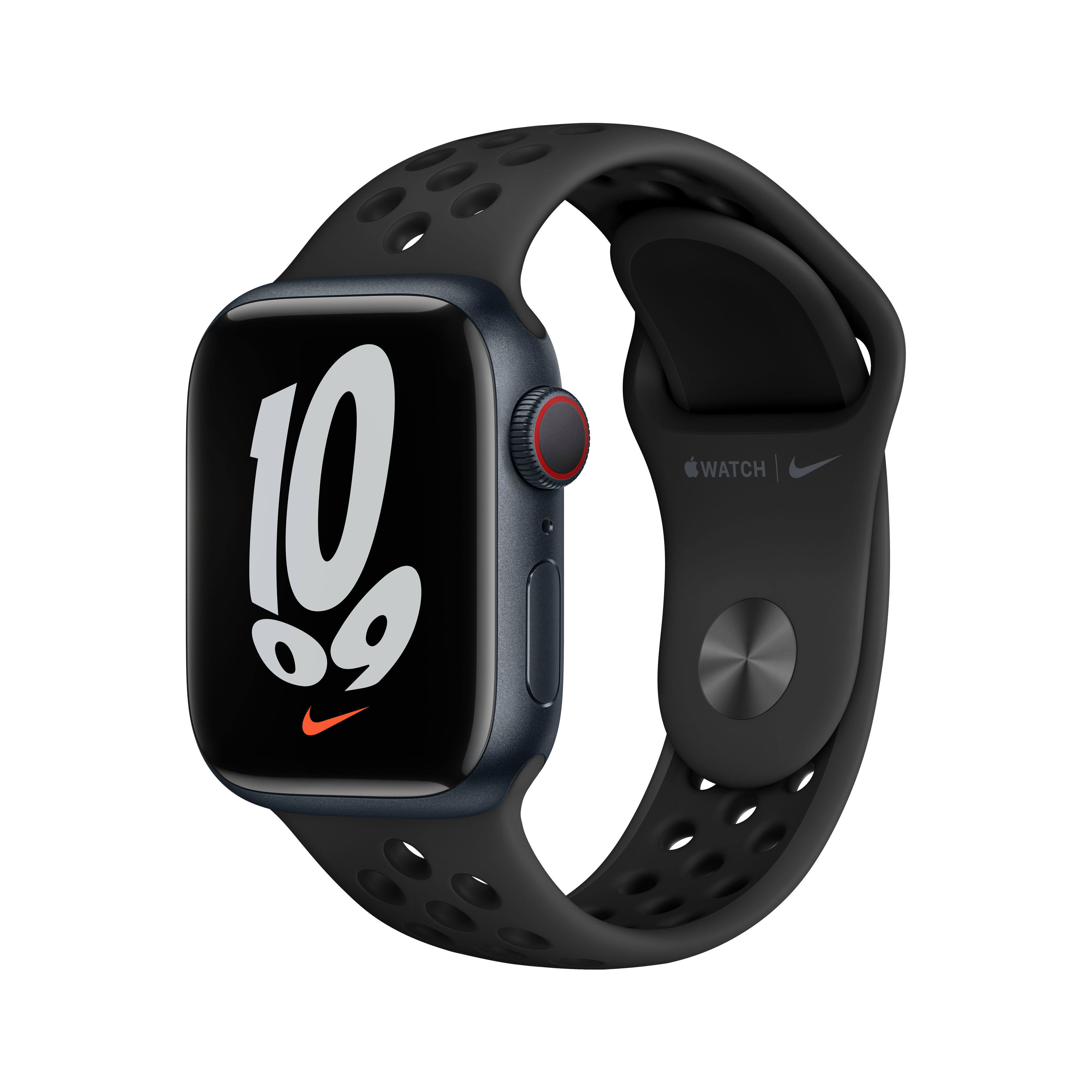 Schwarze Smartwatch mit schwarzem Armband, zeigt die Zahl '10' und das Nike-Logo.