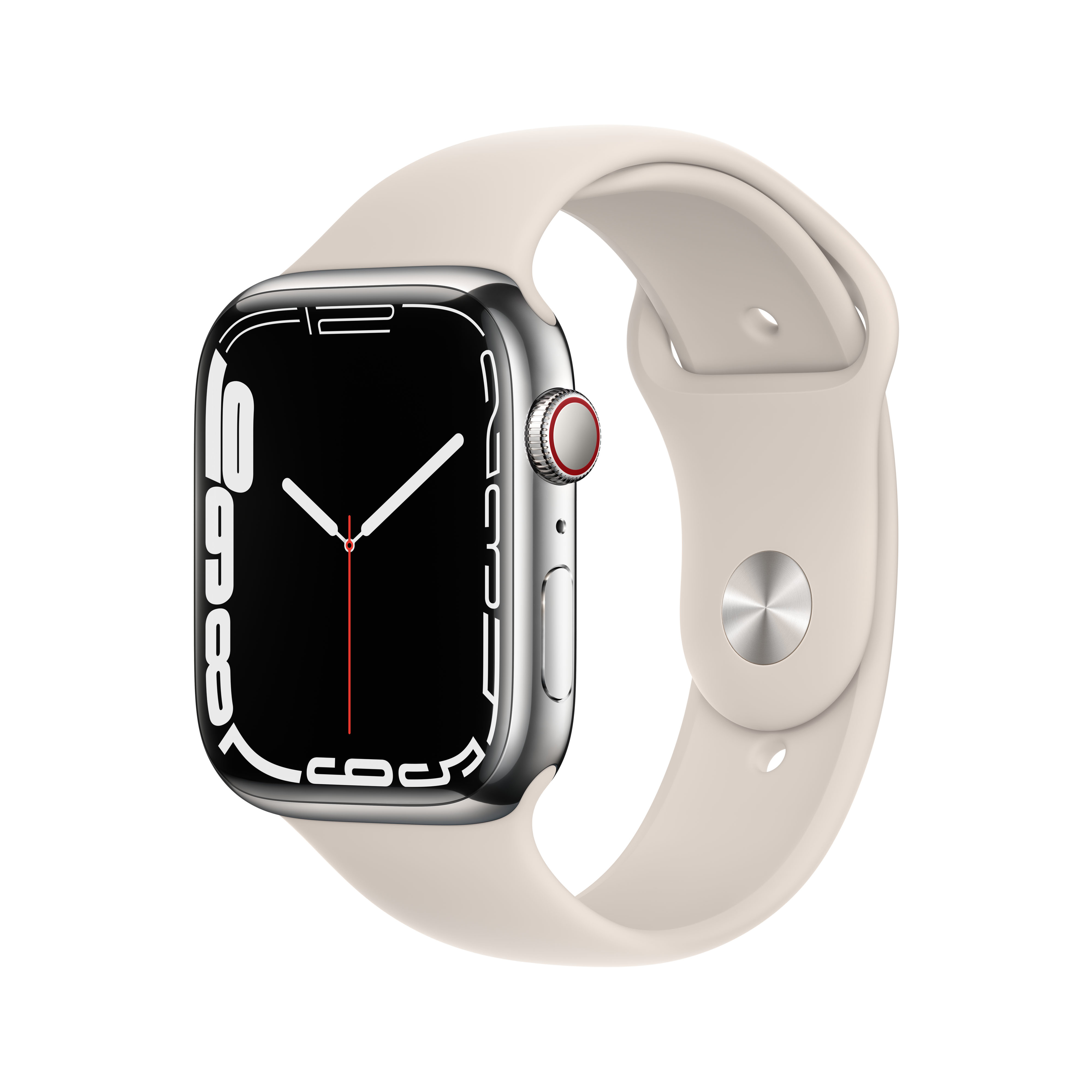 Apple Watch argento con cinturino color crema. L'orologio mostra l'ora.