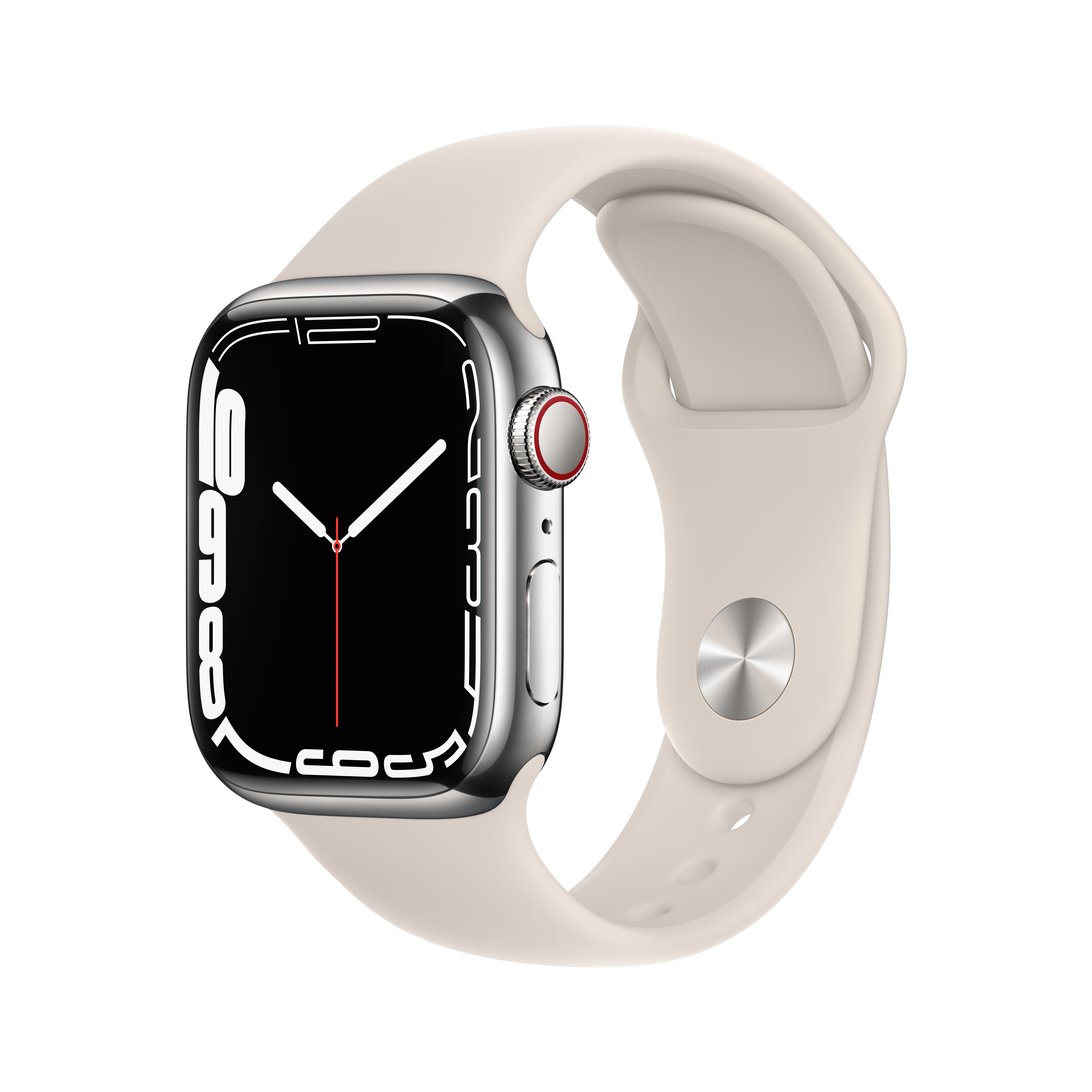 Eine silberne Apple Watch mit cremefarbenem Armband, die Uhrzeit und App-Symbole anzeigt.
