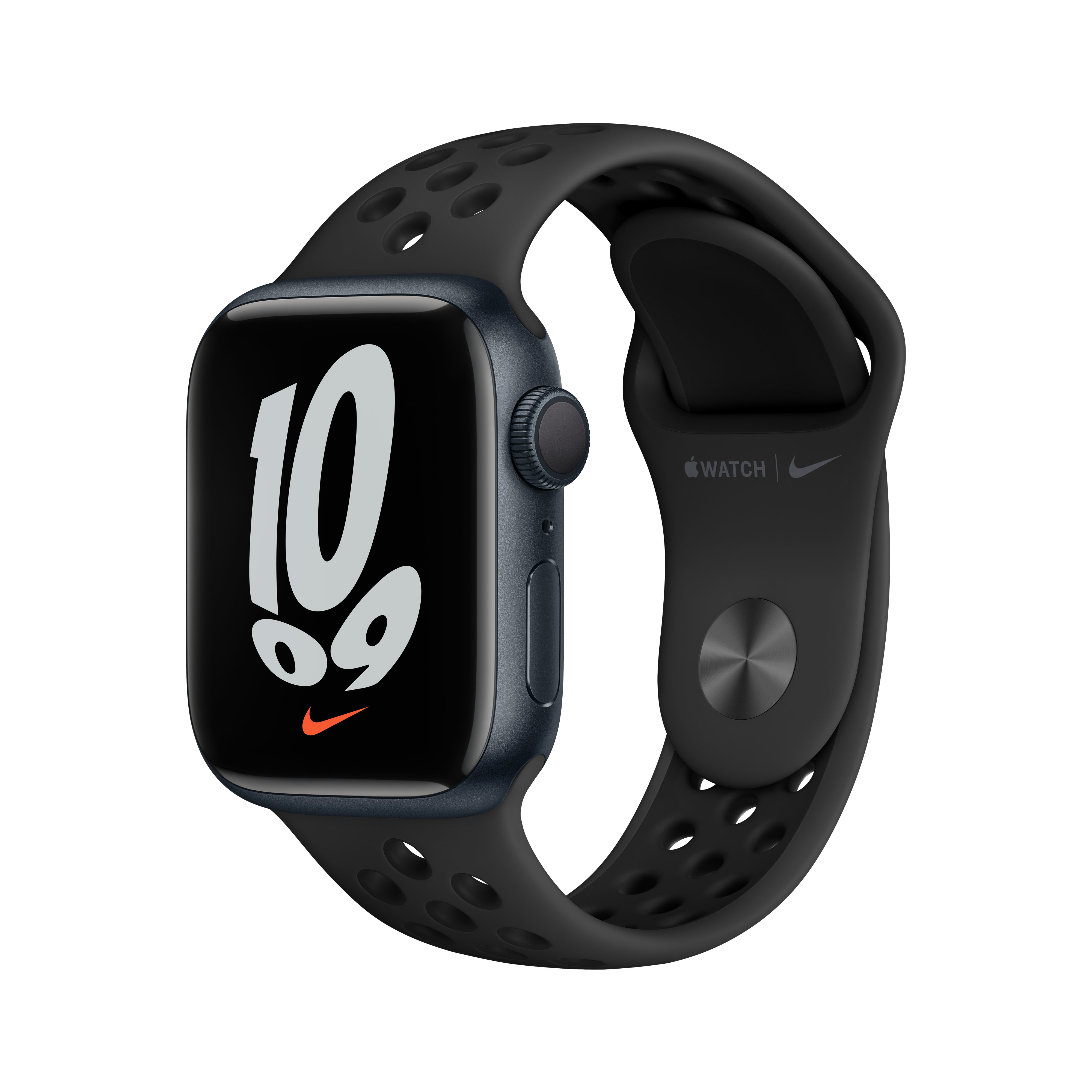 Schwarze Apple Watch mit schwarzem Nike Sportarmband, die Uhrzeit anzeigend. Weißer Hintergrund.