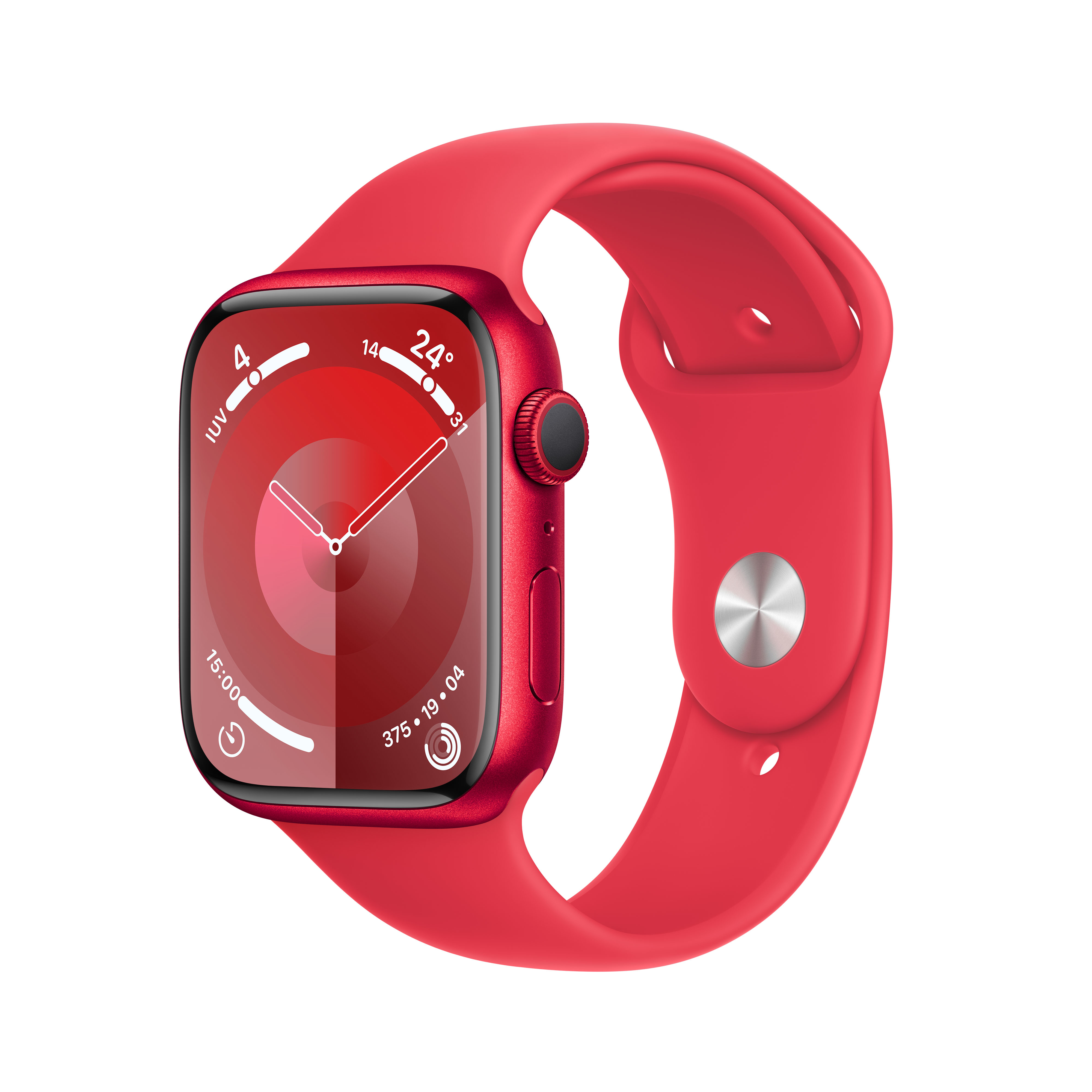 Apple Watch roja con correa roja. La esfera muestra la hora y anillos de actividad.