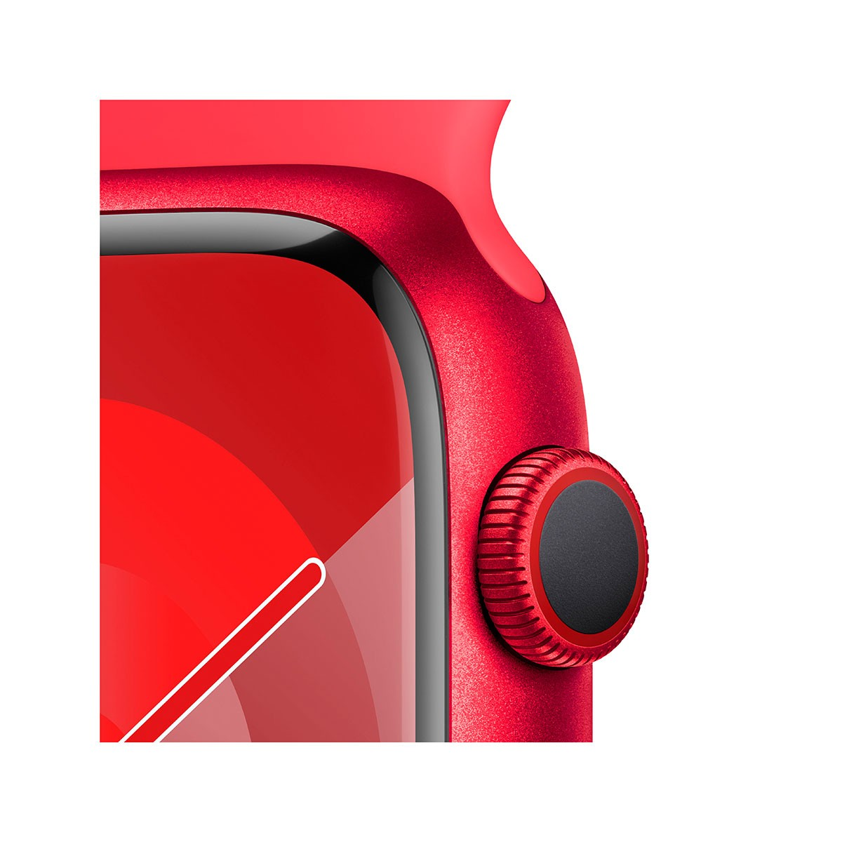 Primer plano de un Apple Watch rojo, mostrando la pantalla y el botón lateral.