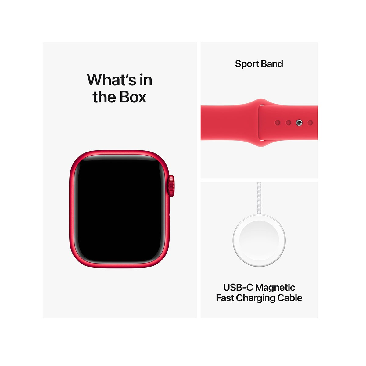 Imagen de lo que hay en la caja de un Apple Watch. Contiene el reloj, la correa deportiva roja y el cable de carga.