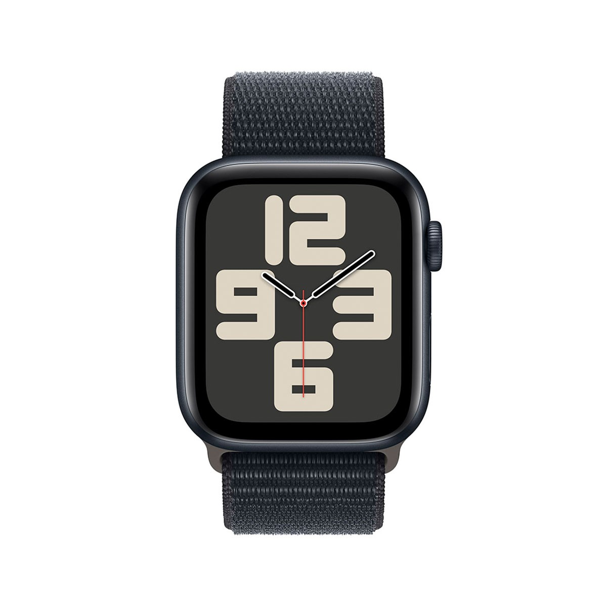 Apple Watch nera con cinturino in tessuto blu scuro, mostra l'ora 12:00, 9, 3 e 6.
