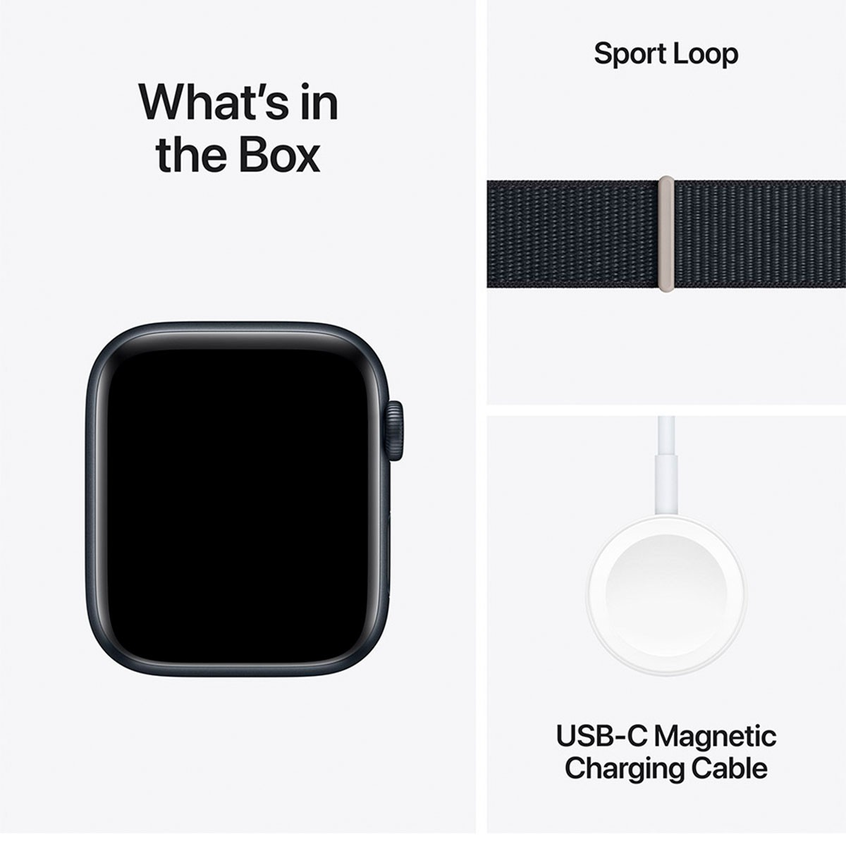Articoli in una scatola: un orologio, un cinturino sport loop e un cavo di ricarica, tutto su sfondo bianco.
