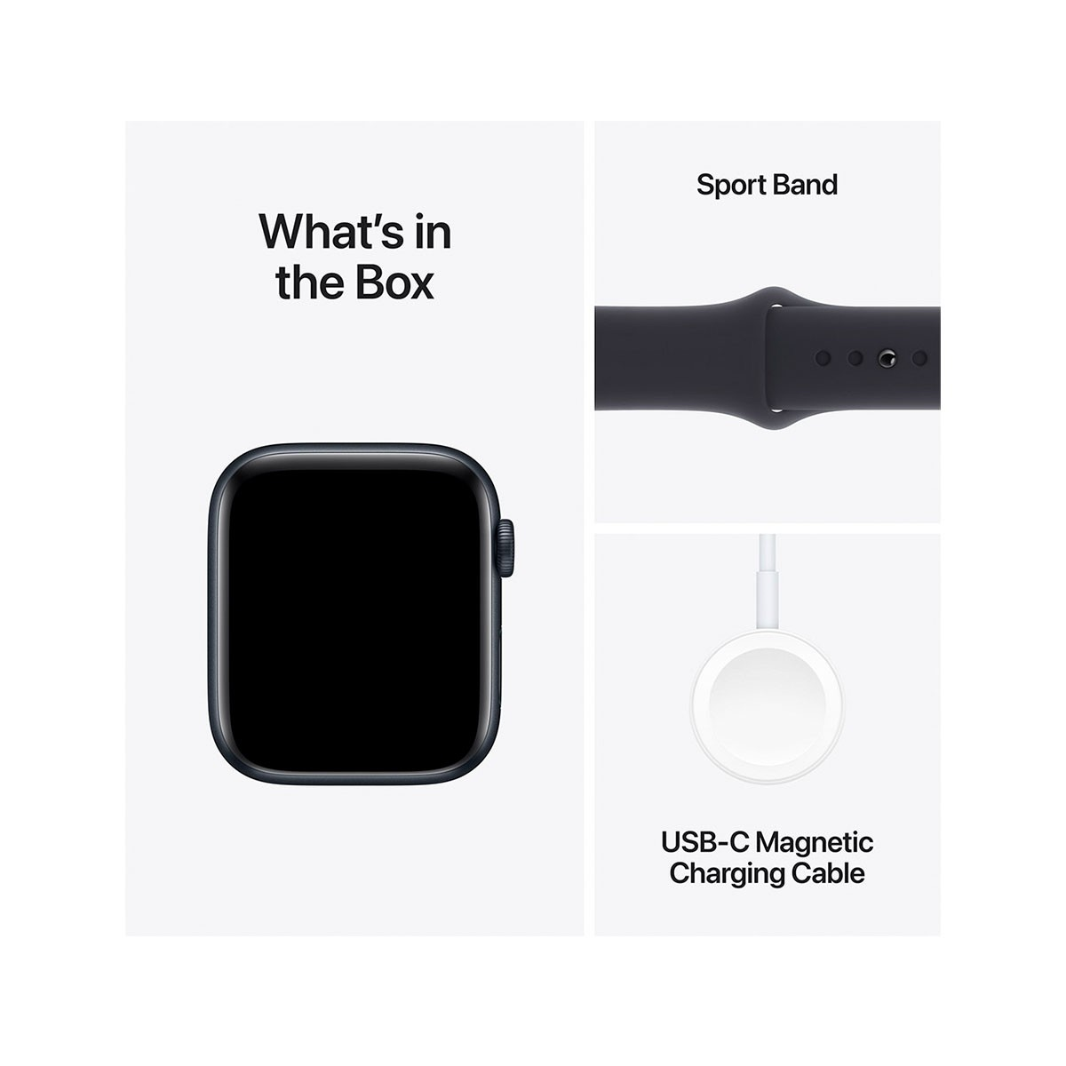 Un Apple Watch, un cinturino sportivo e un cavo di ricarica su una superficie bianca.