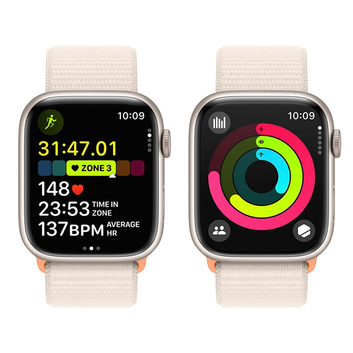 Dos smartwatches, uno mostrando la frecuencia cardíaca y la Zona 3, el otro mostrando los anillos de actividad. Ambos tienen correas beige.