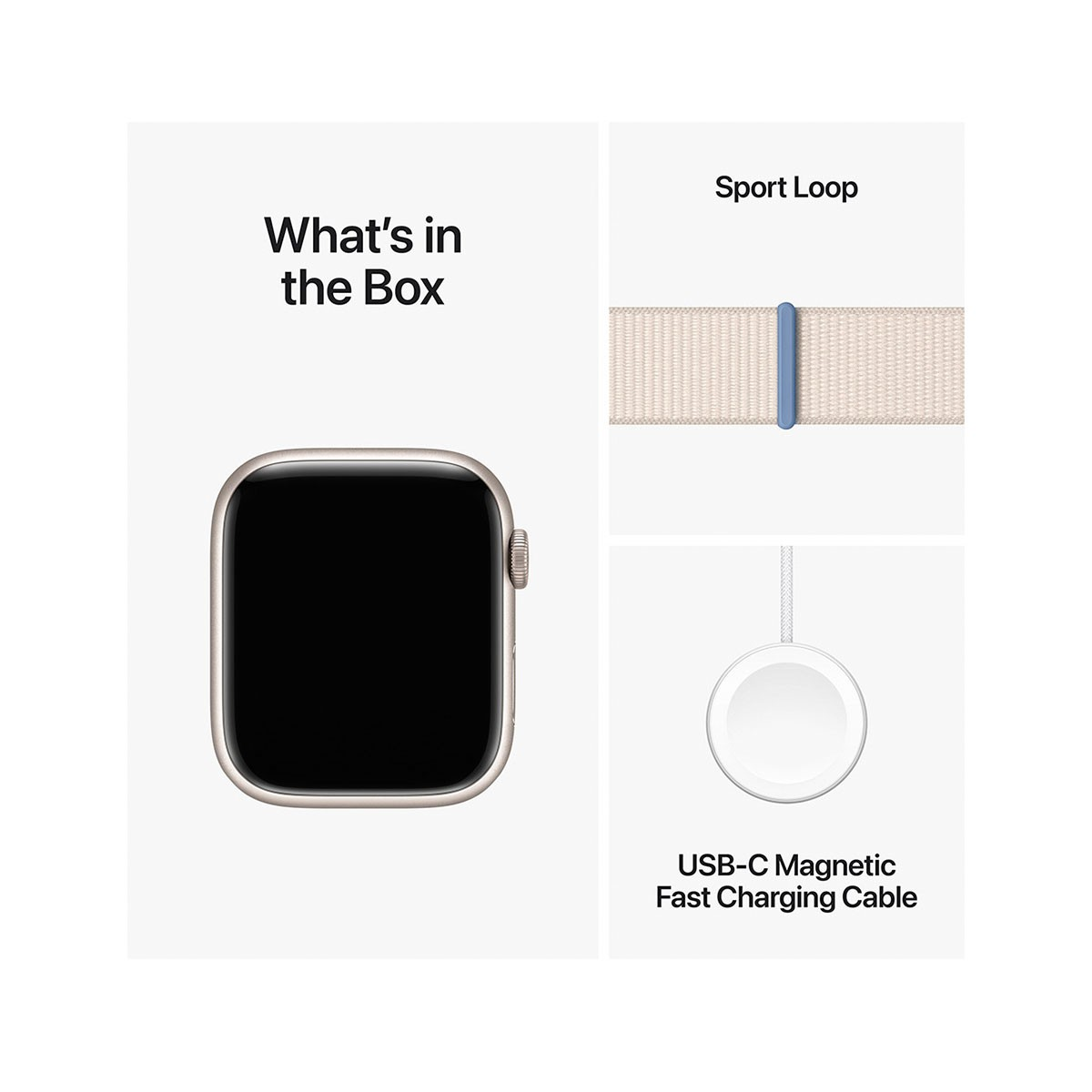 Smartwatch con contenido de la caja y accesorios. Fondo blanco.