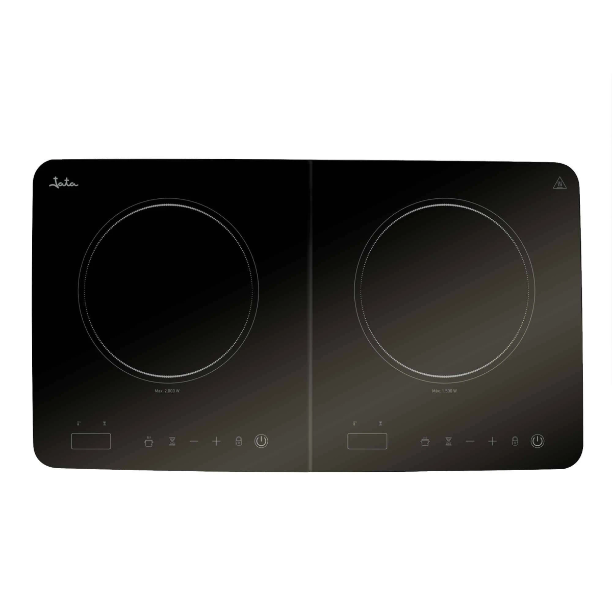 Placa de inducción negra con dos quemadores, con controles. La marca 'Tata' es visible.