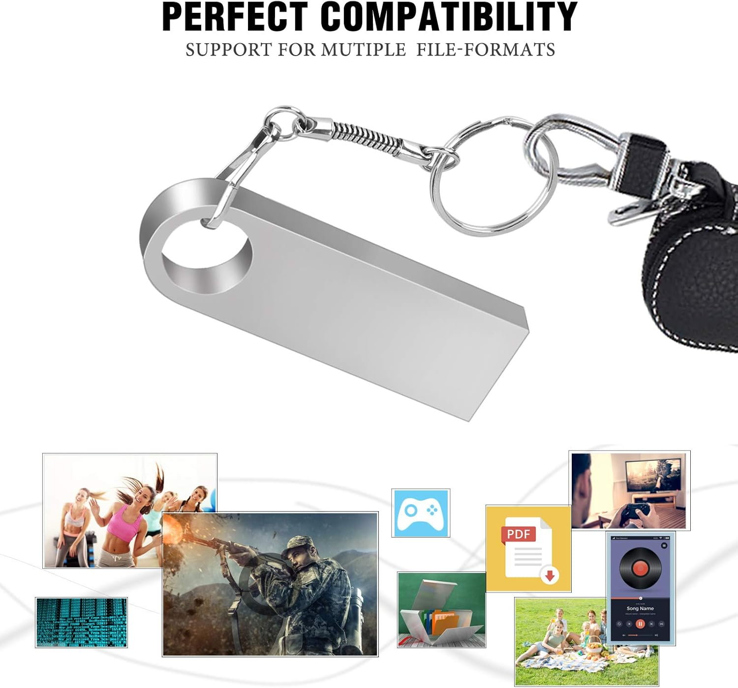 Silberner USB-Stick mit Schlüsselring, verschiedene Symbole darunter. Text: Perfekte Kompatibilität. Weißer Hintergrund.