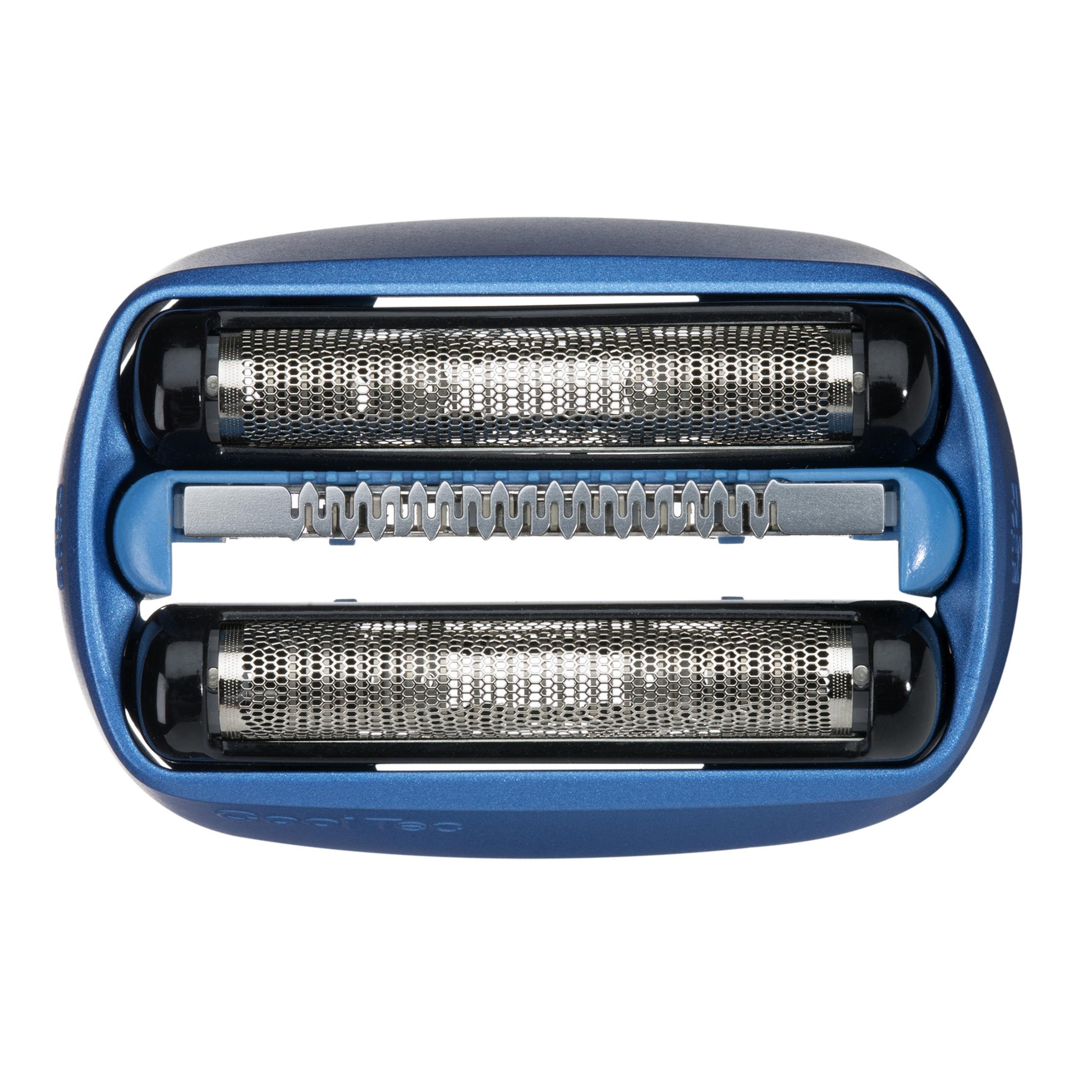 Blauer Elektrorasiererkopf mit zwei silbernen Folienklingen und einem Trimmer in der Mitte.