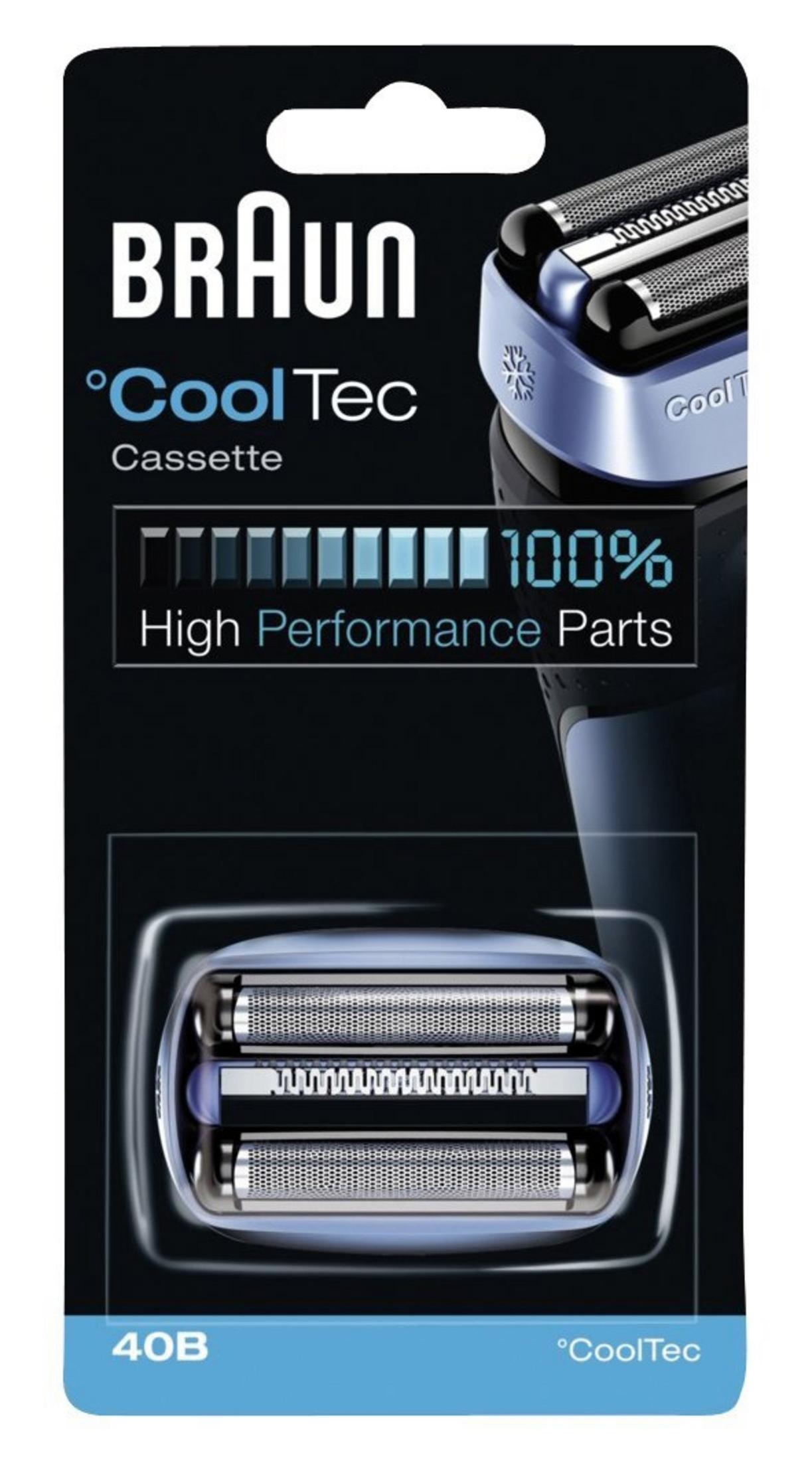 Braun CoolTec Rasiererkassette in Verpackung, zeigt die Klingen und eine Akkuanzeige.