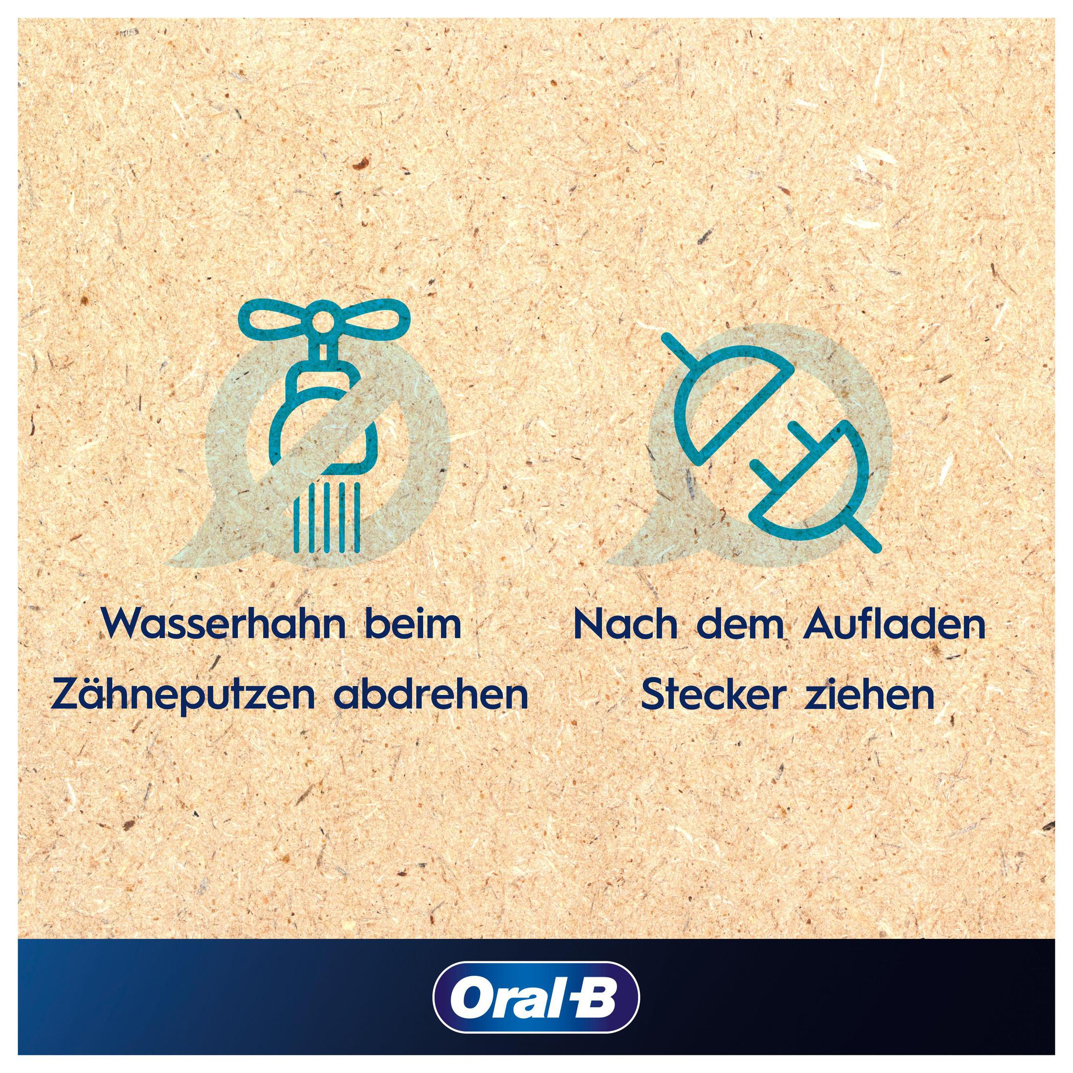 Dwa dymki z ikonami i tekstem: kran i wtyczka. Logo Oral-B na dole. Beżowe tło.
