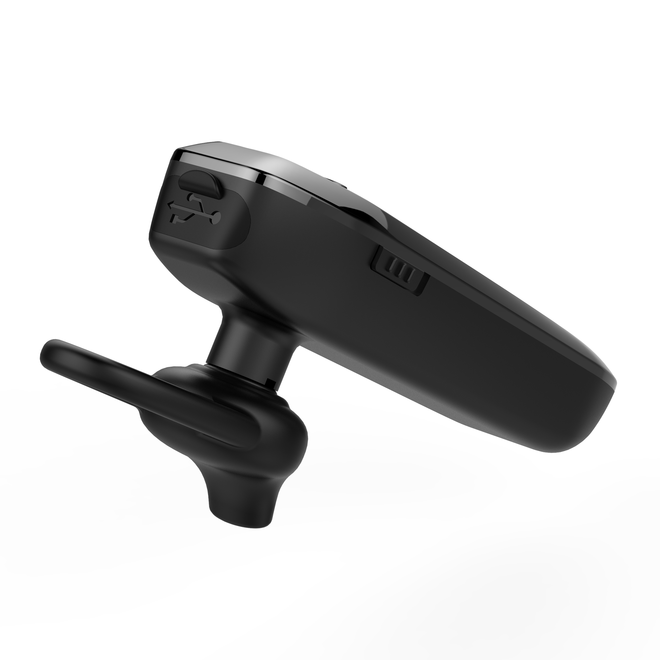 Schwarzes Bluetooth-Headset, Winkelaufnahme. Mit Mikrofon und USB-Anschluss.
