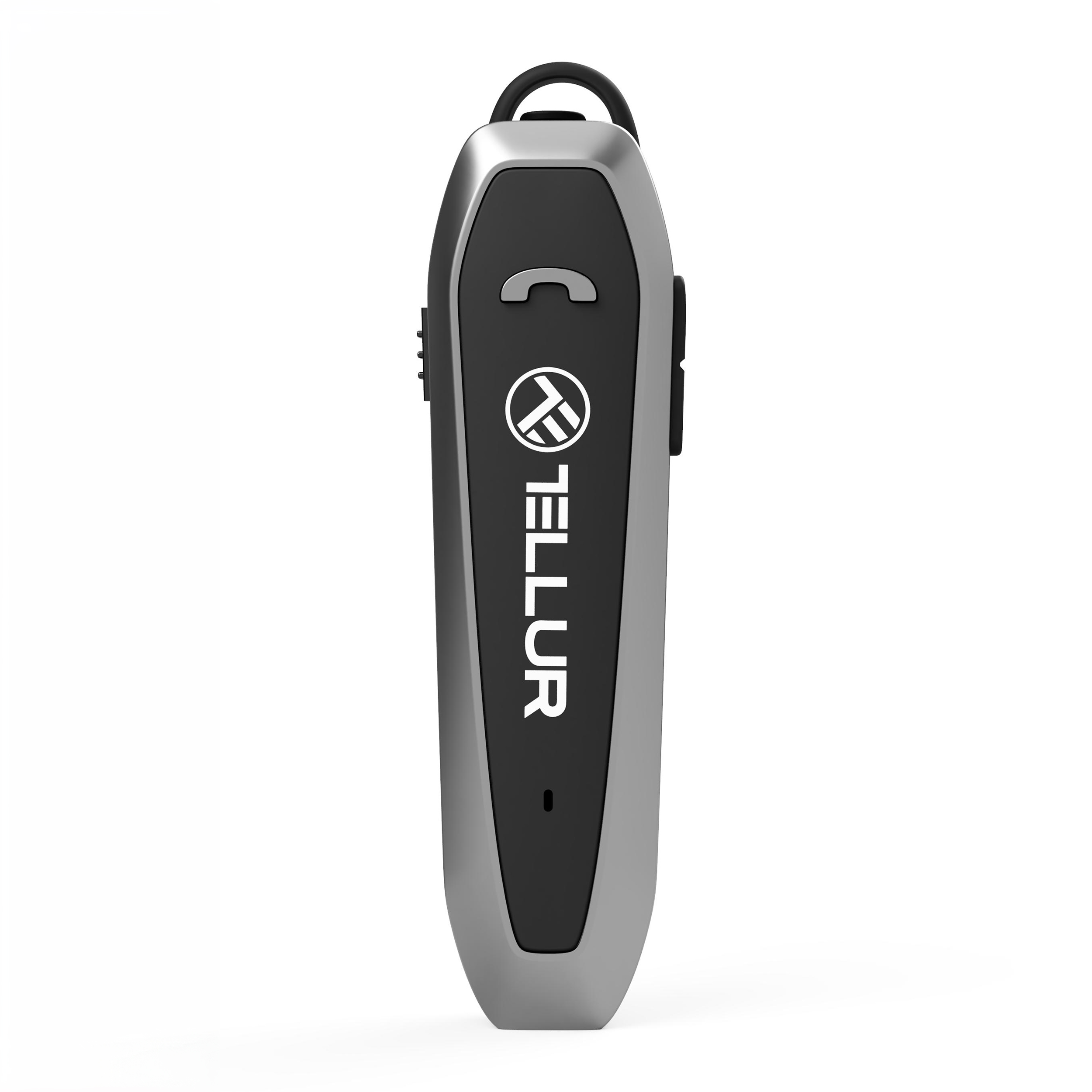 Ein silber-schwarzes Tellur Bluetooth-Headset mit dem Logo der Marke auf weißem Hintergrund.
