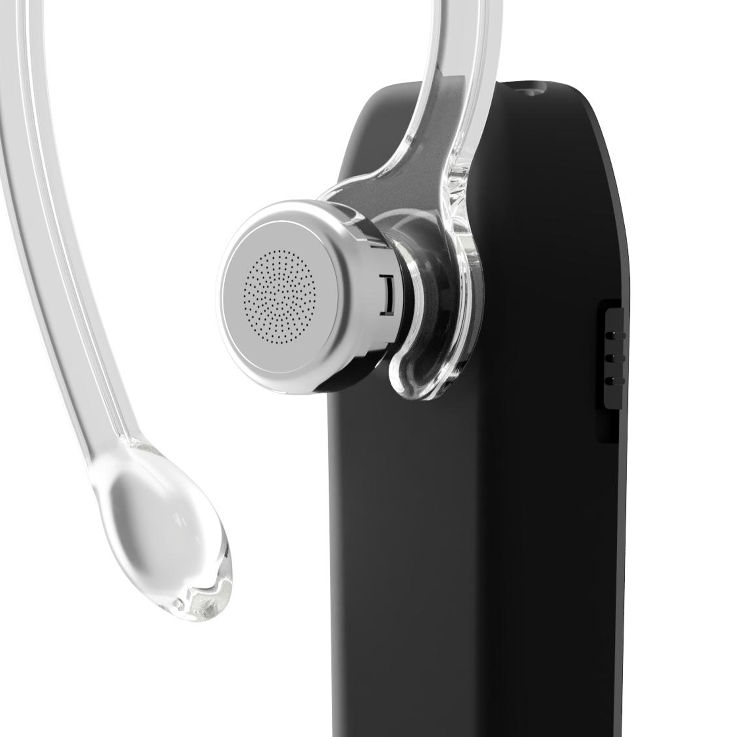 Ein silbernes Headset mit transparentem Haken, der an einer schwarzen Basis befestigt ist.