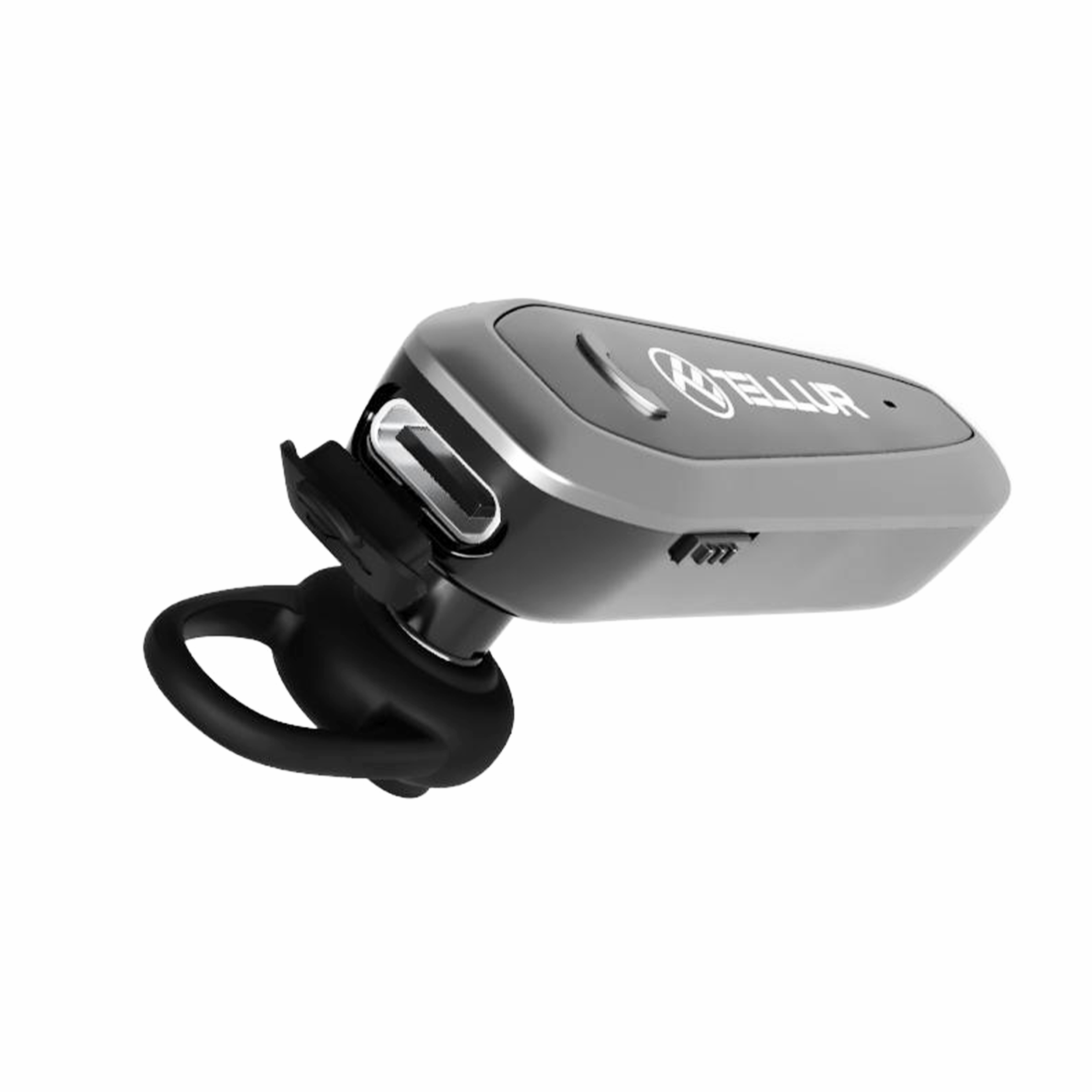 Schwarzes und silbernes Bluetooth-Headset mit gebogenem Ohrbügel. Weißer Hintergrund.