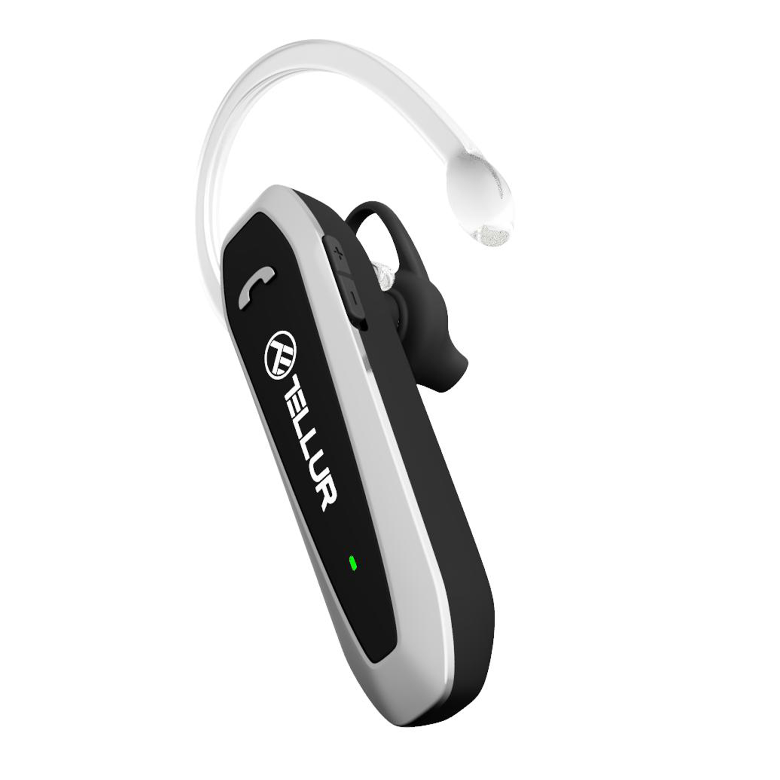 Ein schwarzes und silbernes Bluetooth-Headset mit gebogenem Ohrhaken und Mikrofon, mit der Marke Tellur.